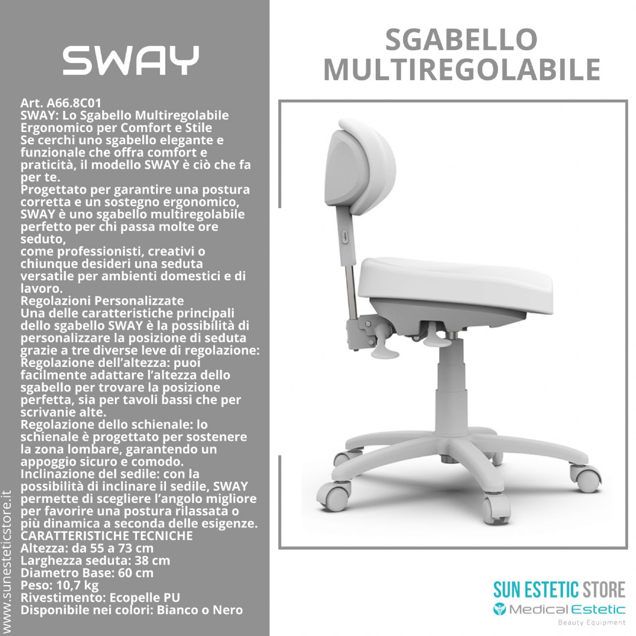 Sway sgabello ergonomico multiregolabile con schienale estetica medico