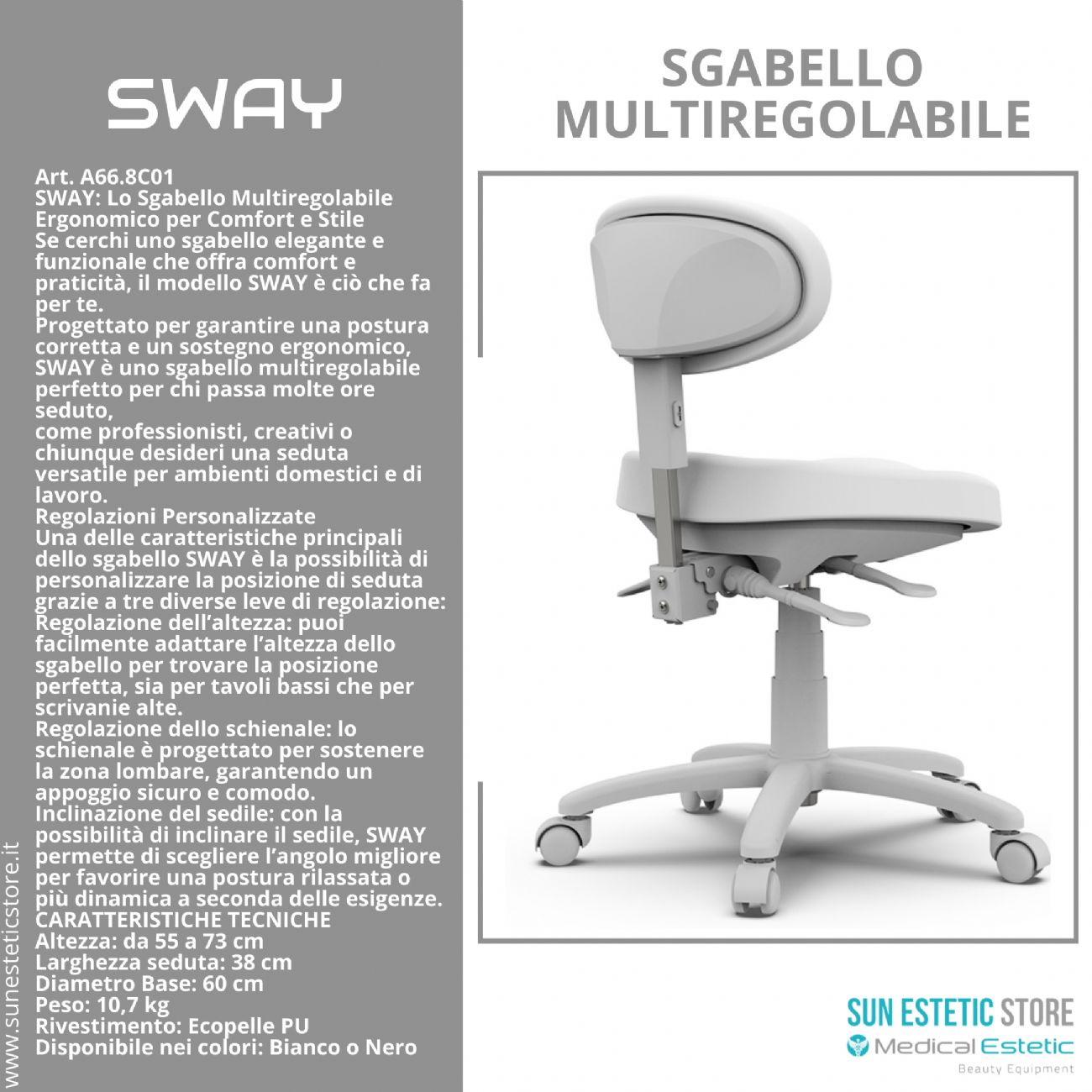 Sway sgabello ergonomico multiregolabile con schienale estetica medico