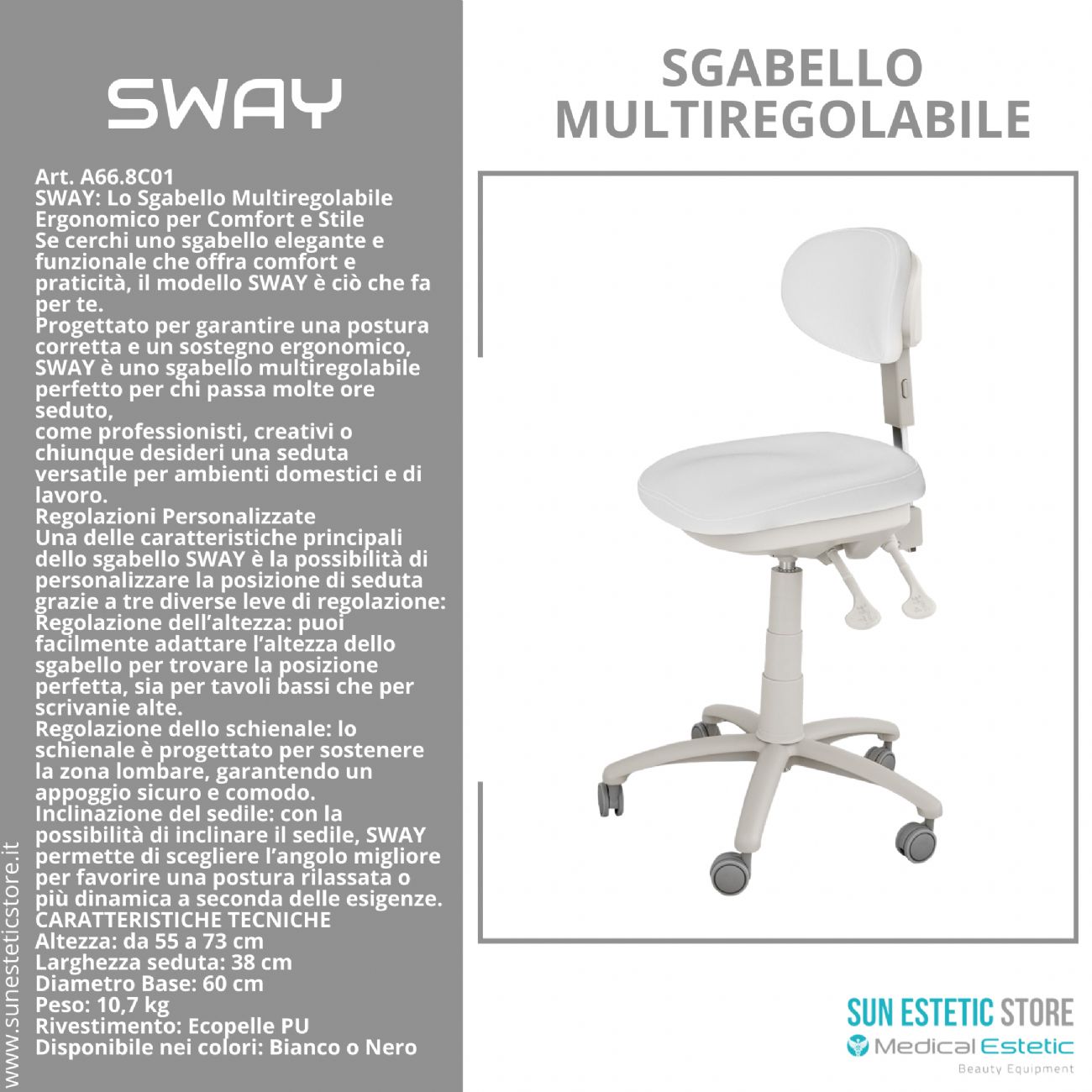 Sway sgabello ergonomico multiregolabile con schienale estetica medico