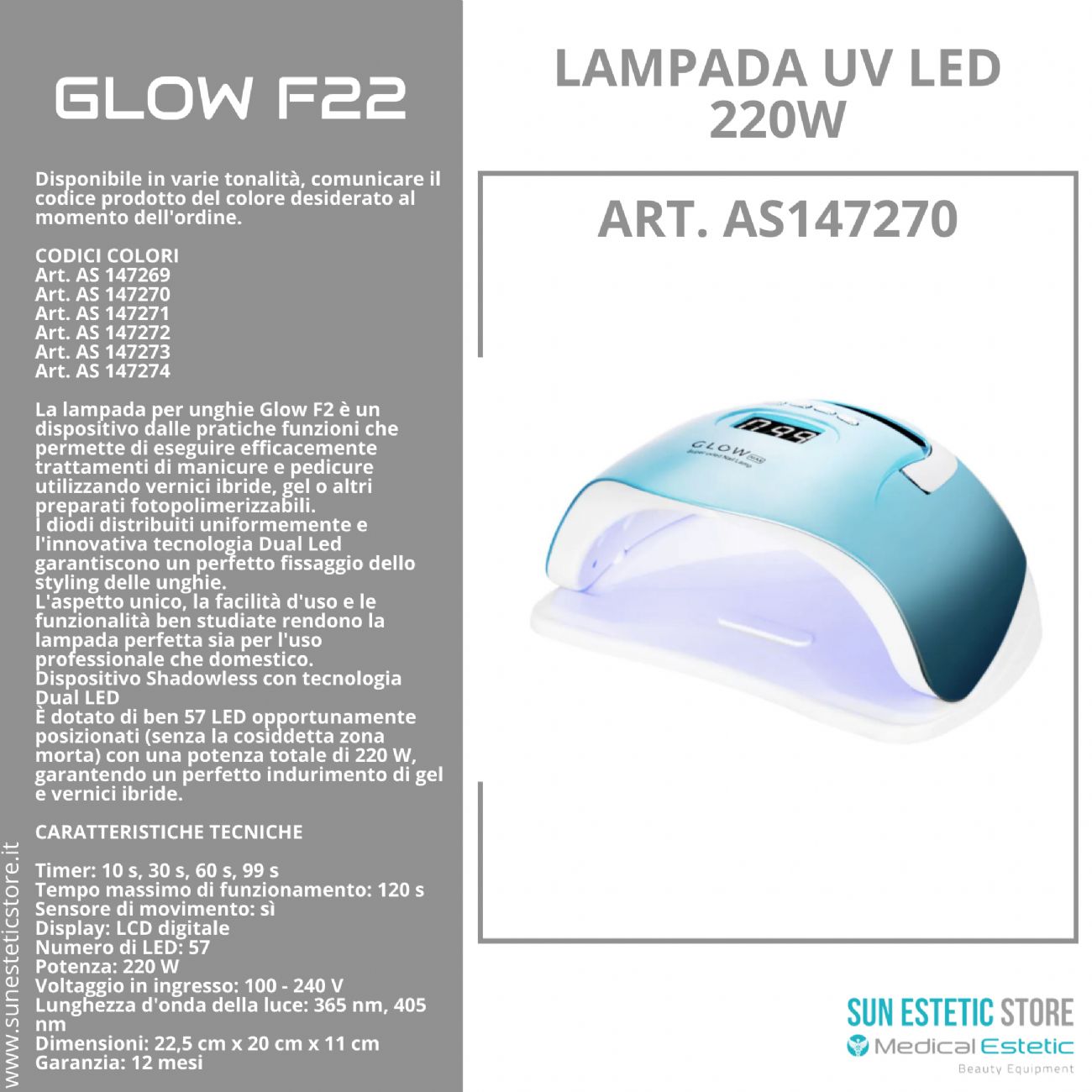 Glow F22 lampada UV Led 220W per essiccazione gel