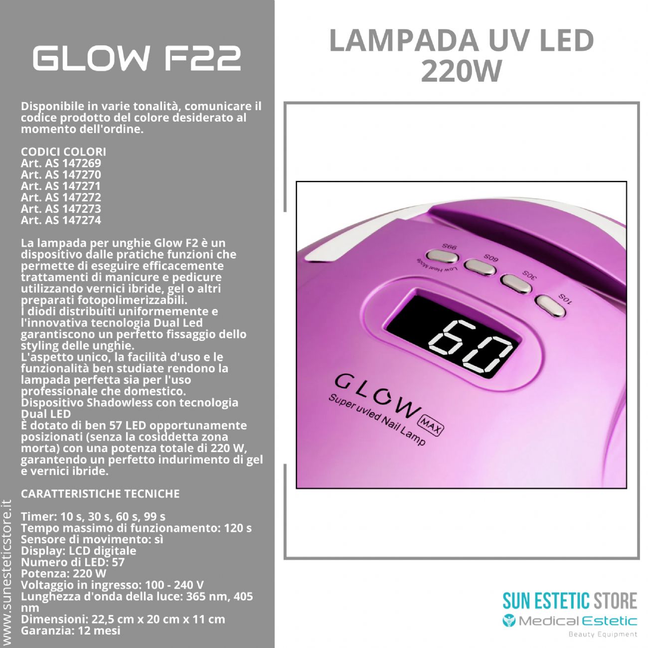 Glow F22 lampada UV Led 220W per essiccazione gel