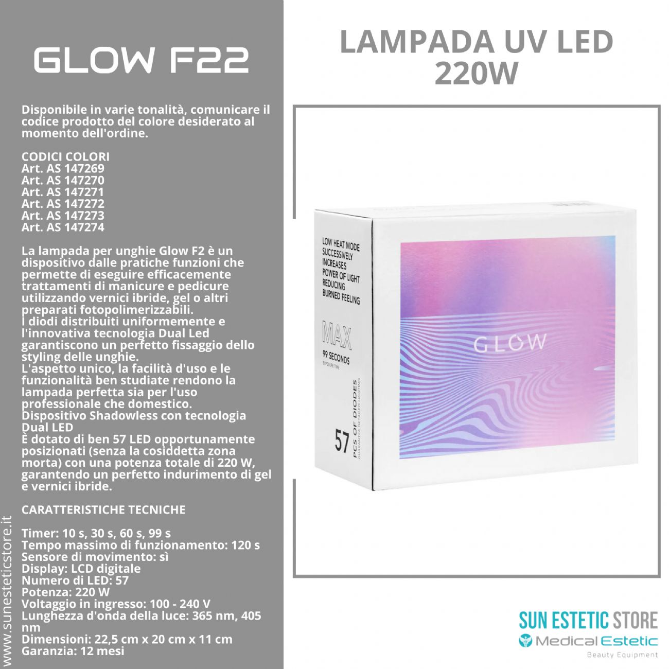 Glow F22 lampada UV Led 220W per essiccazione gel