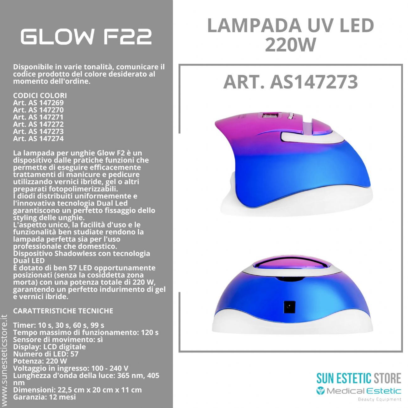 Glow F22 lampada UV Led 220W per essiccazione gel