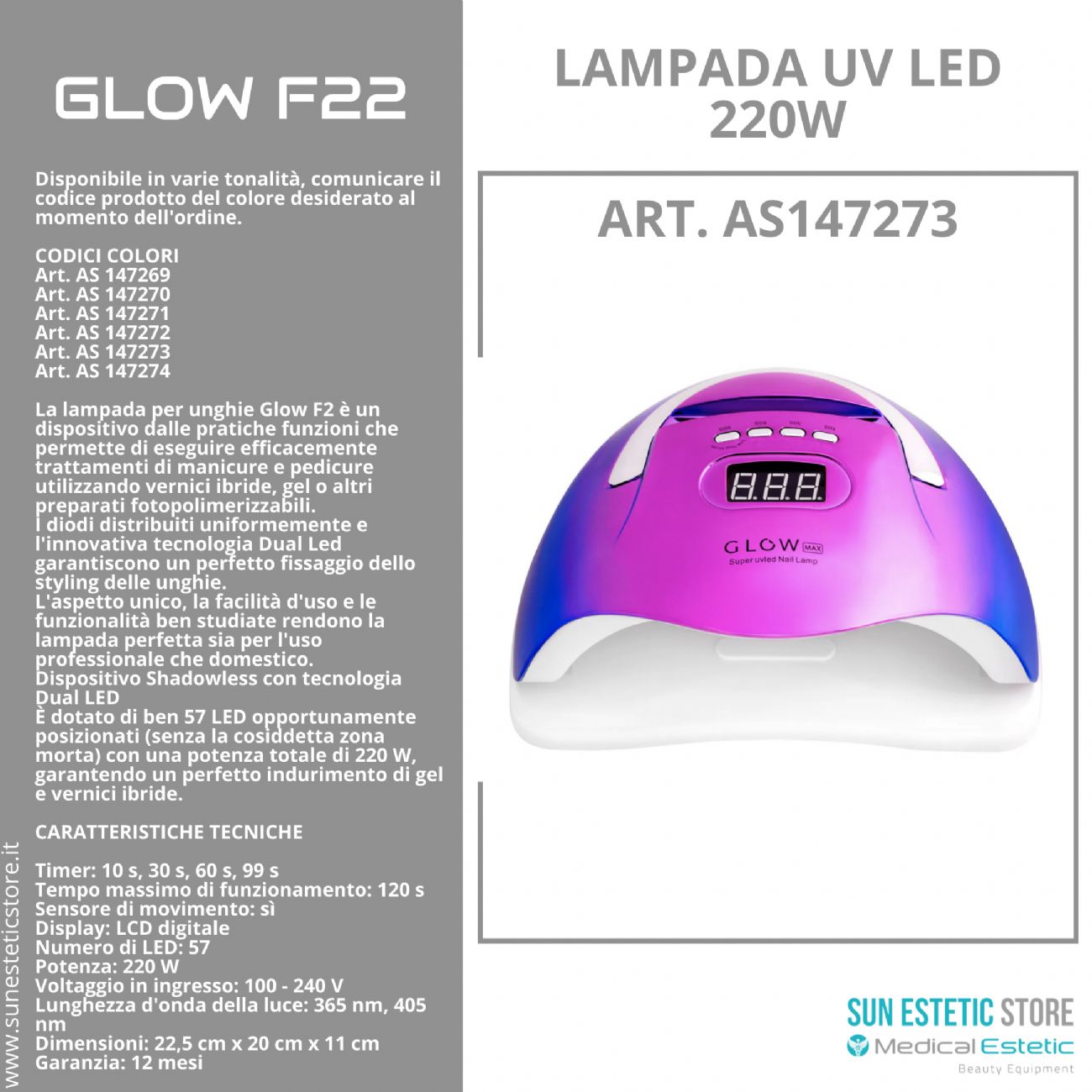 Glow F22 lampada UV Led 220W per essiccazione gel