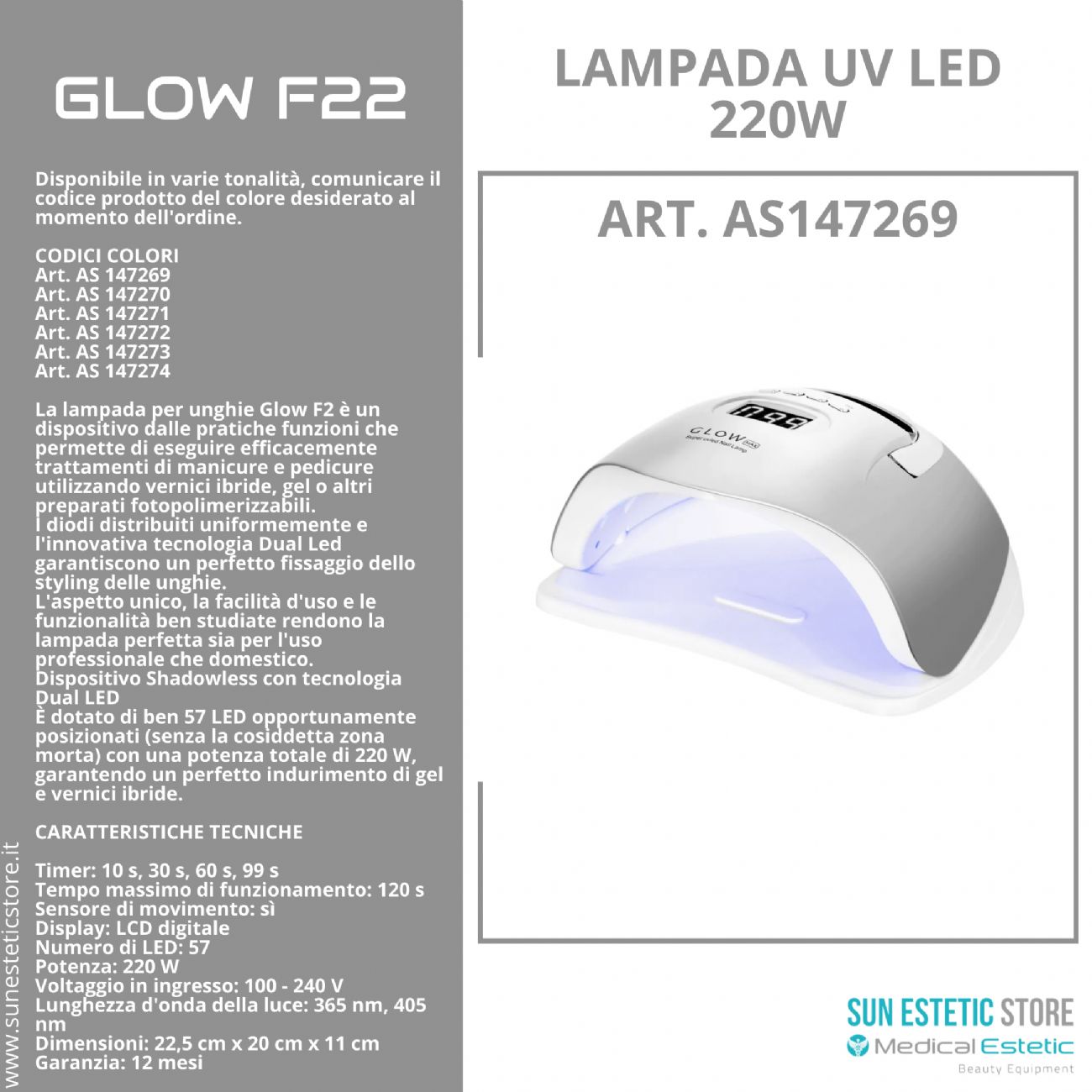 Glow F22 lampada UV Led 220W per essiccazione gel