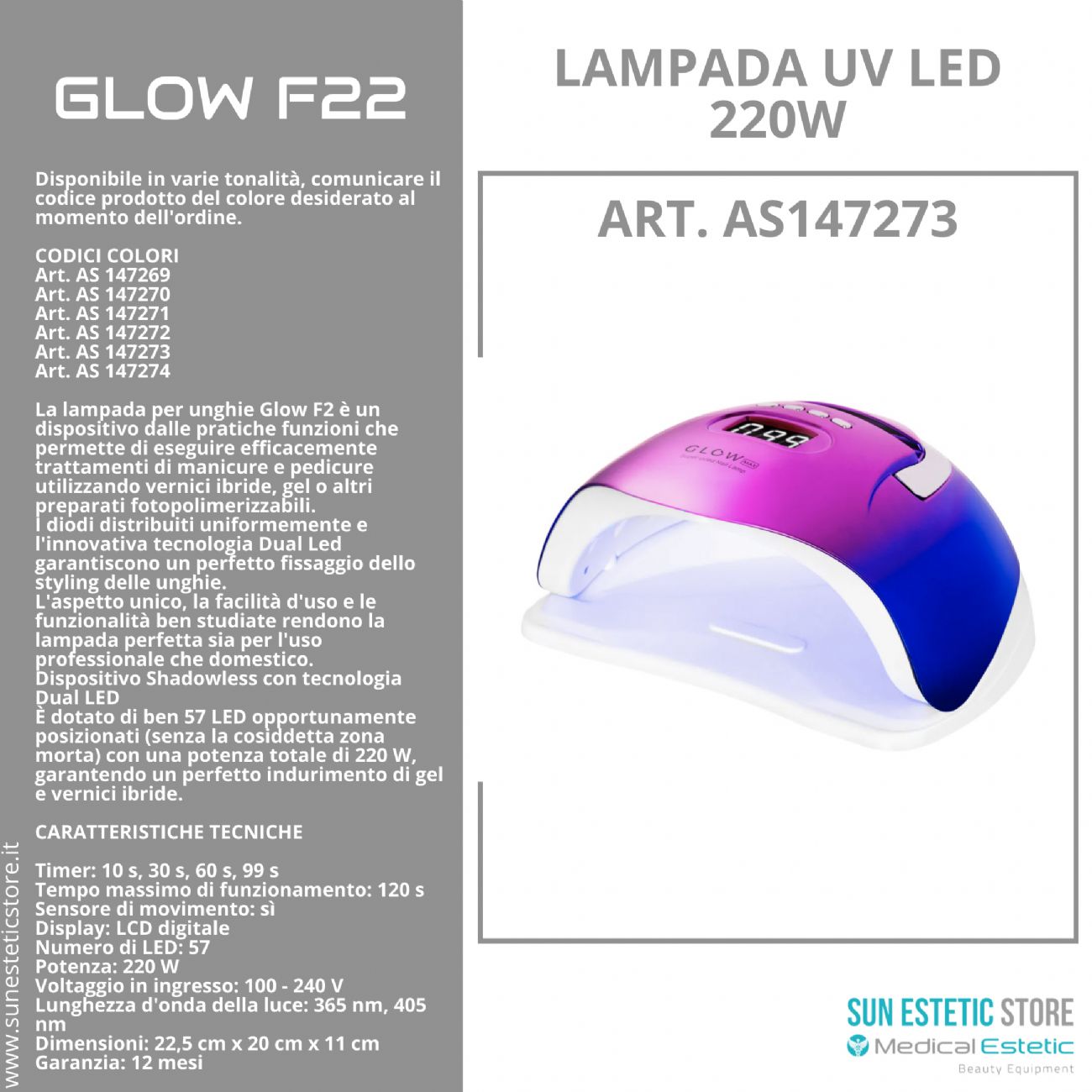 Glow F22 lampada UV Led 220W per essiccazione gel