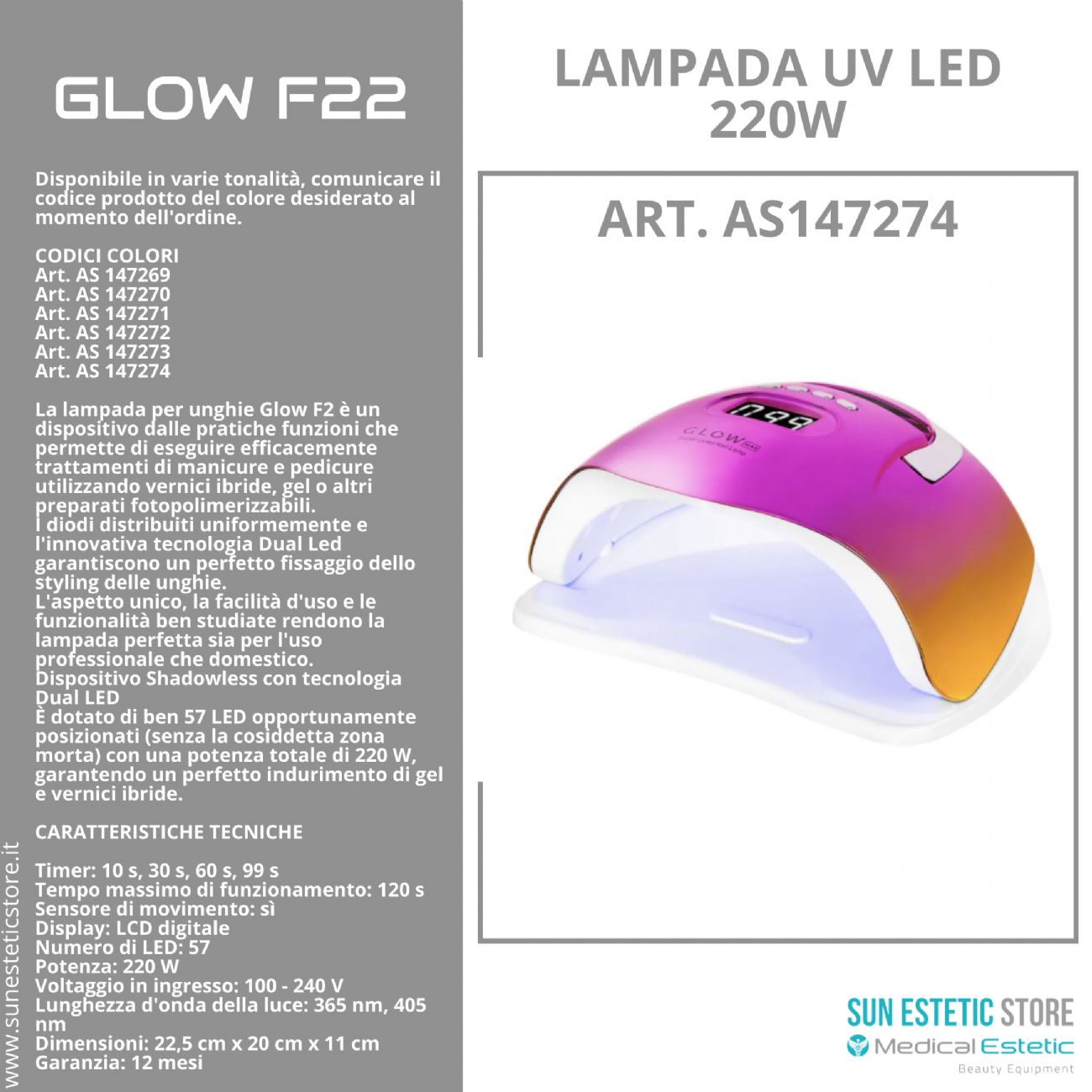 Glow F22 lampada UV Led 220W per essiccazione gel