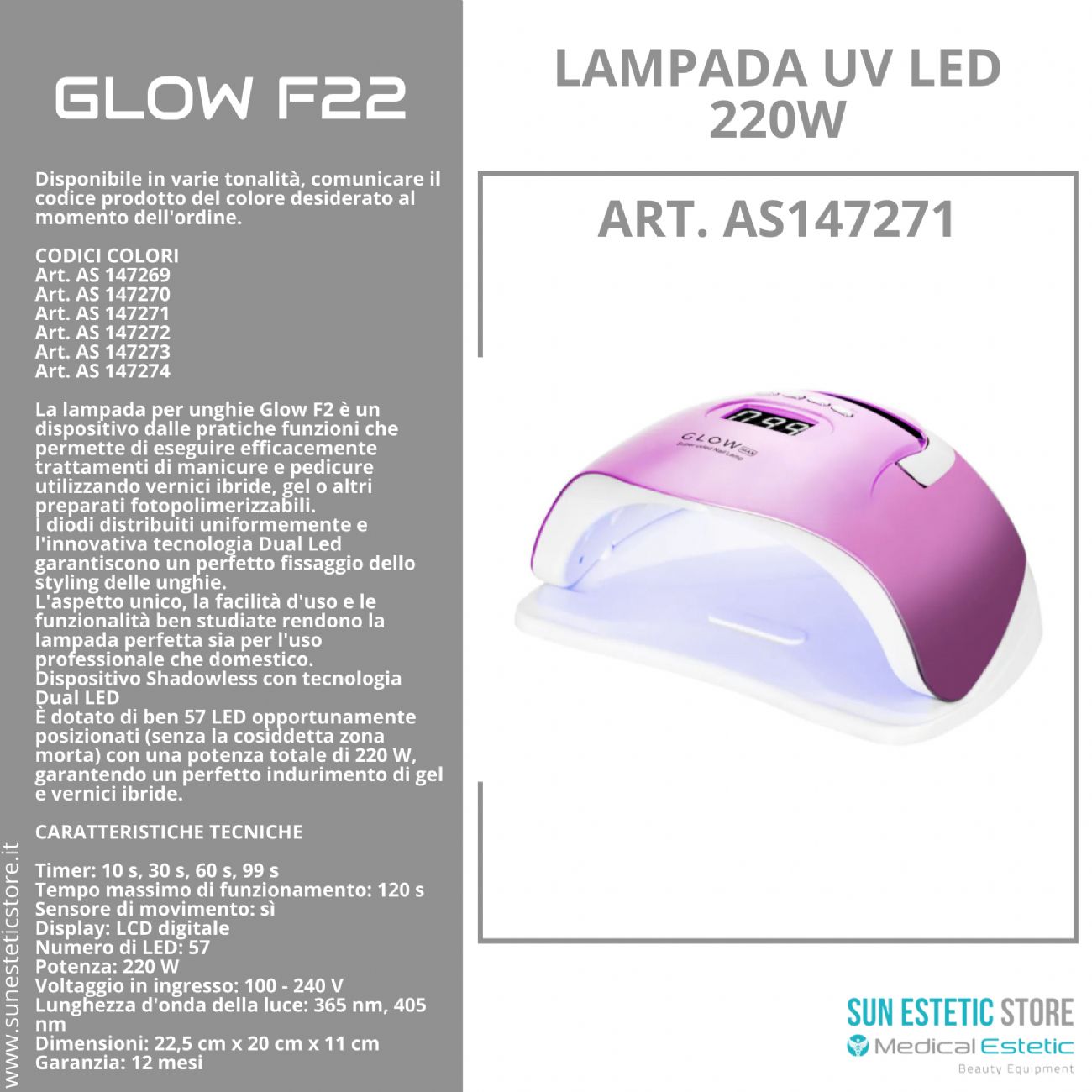 Glow F22 lampada UV Led 220W per essiccazione gel