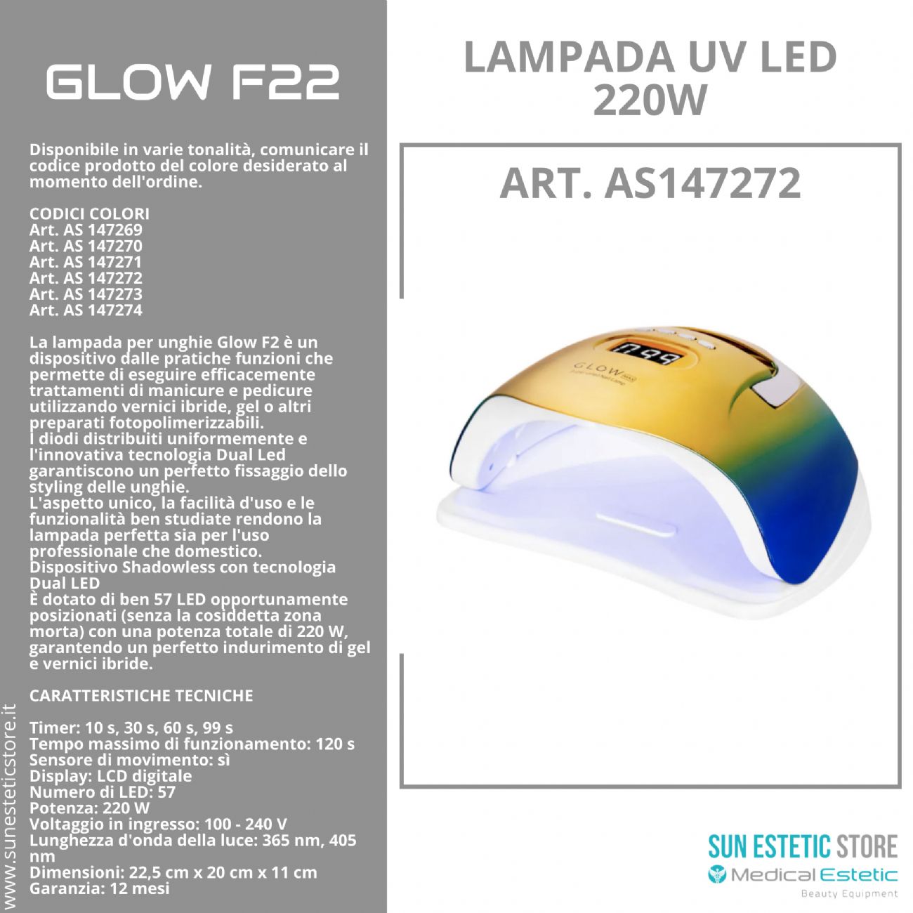 Glow F22 lampada UV Led 220W per essiccazione gel