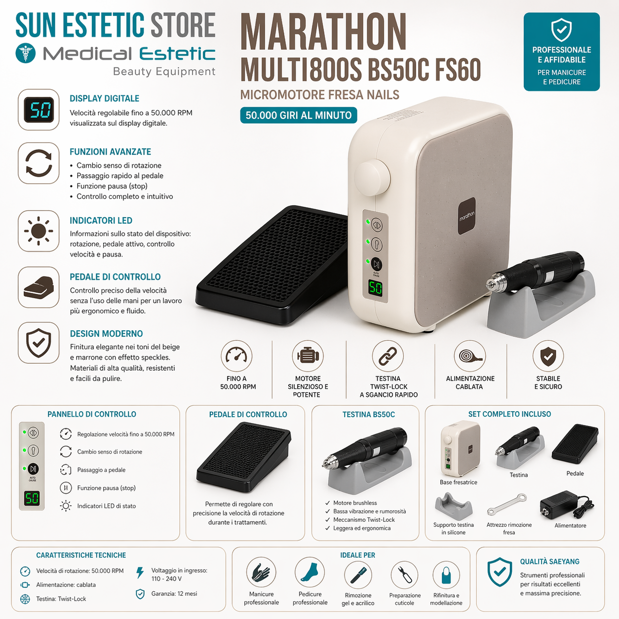 Marathon Multi800S BS50C FS60 Micromotore fresa nails