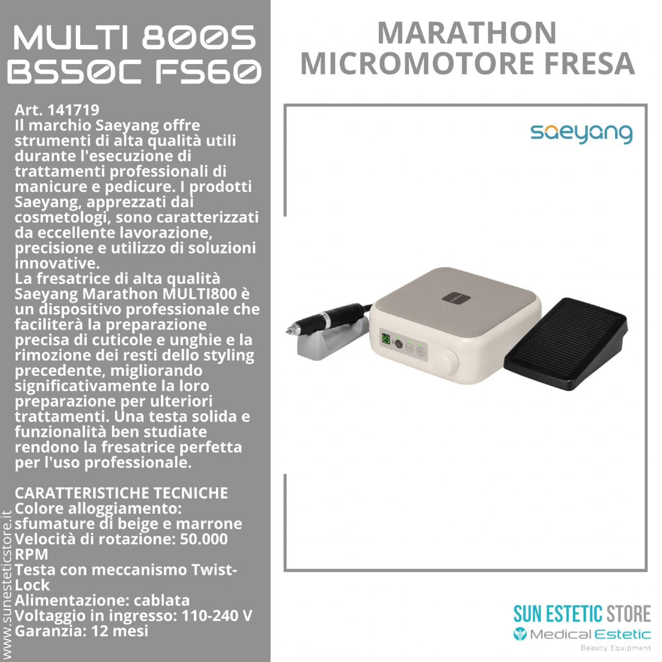 Marathon Multi800S BS50C FS60 Micromotore fresa nails