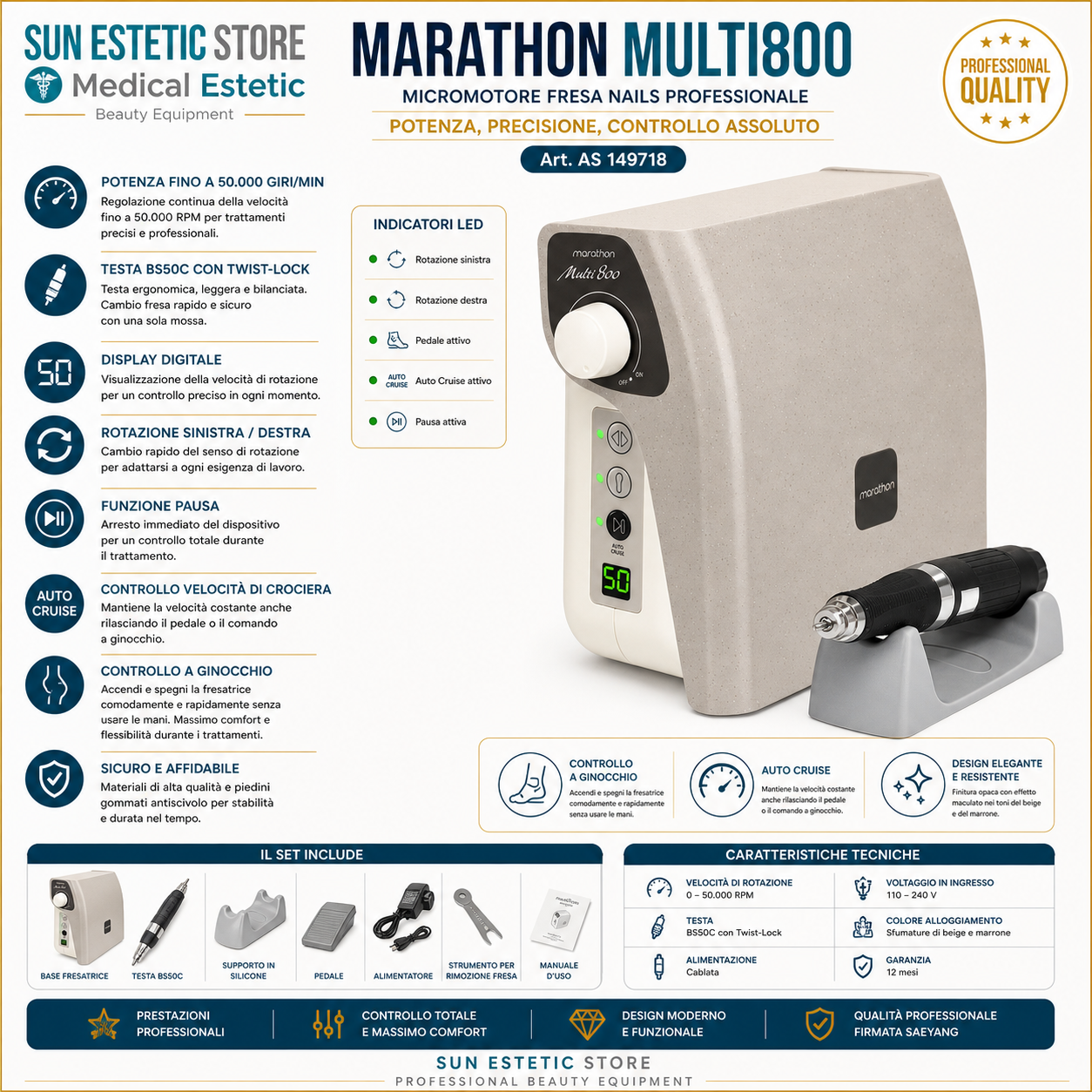 Marathon Multi800 BS50C Micromotore fresa nails