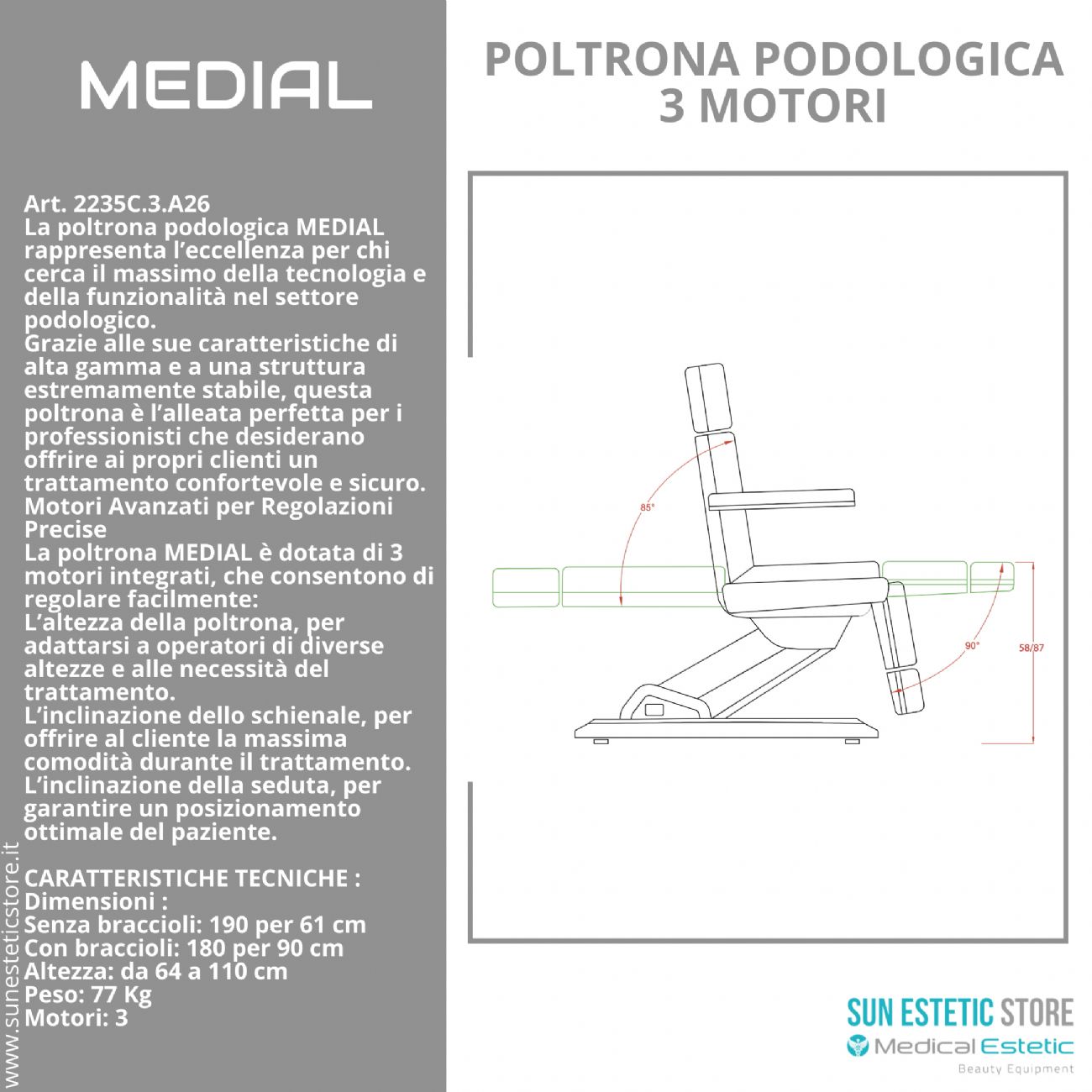 Medial poltrona per pedicure professionale a 3 motori bianca professionale