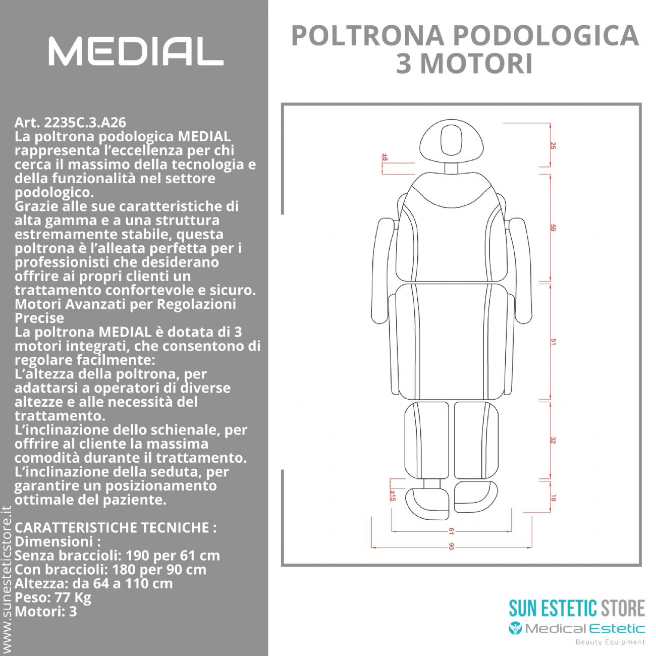 Medial poltrona per pedicure professionale a 3 motori bianca professionale