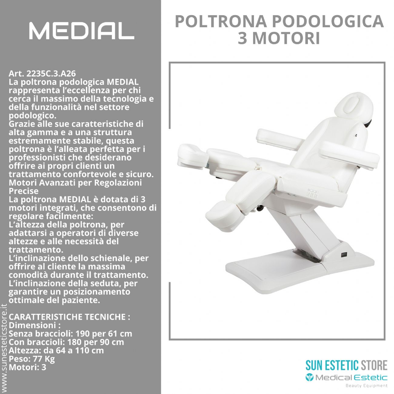 Medial poltrona per pedicure professionale a 3 motori bianca professionale