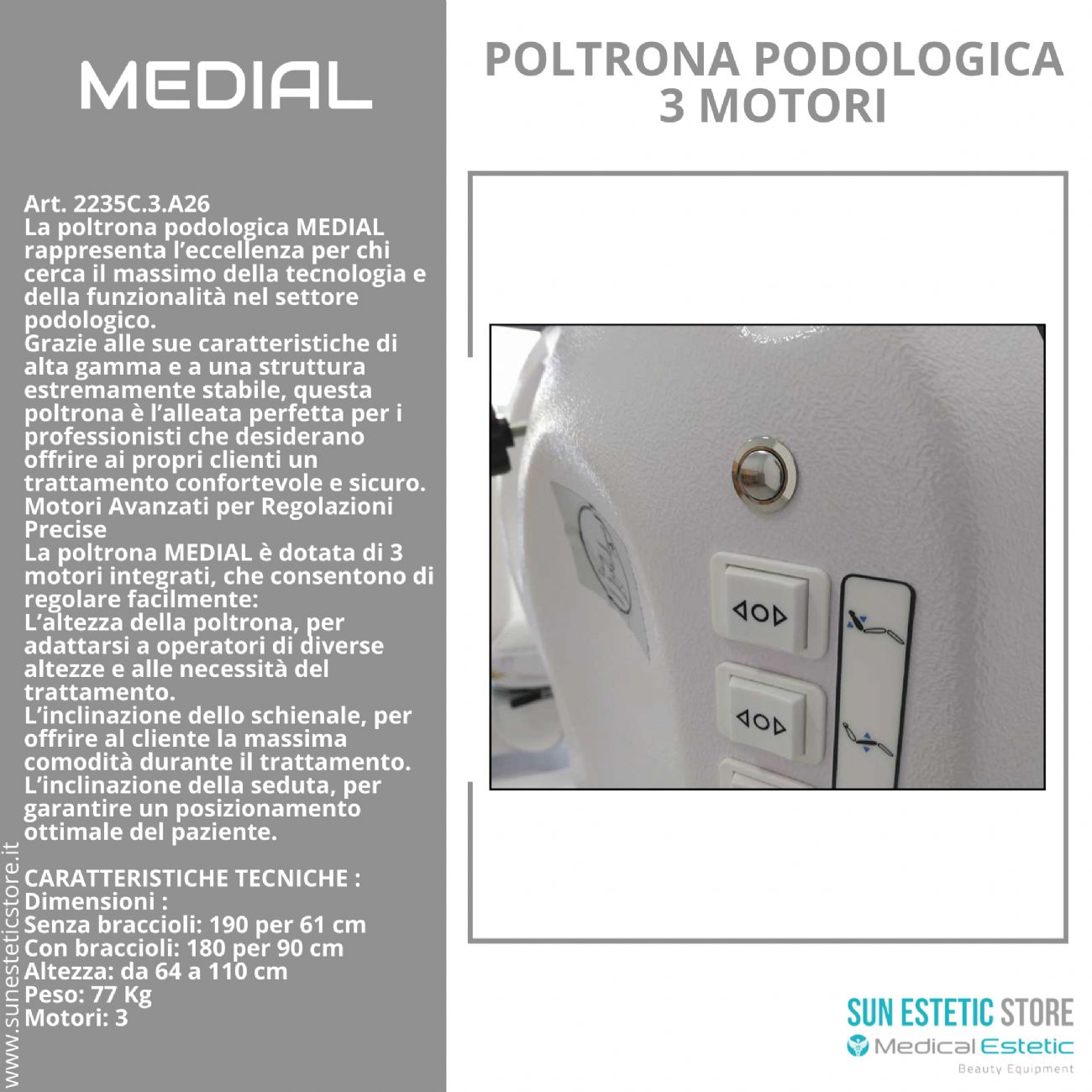 Medial poltrona per pedicure professionale a 3 motori bianca professionale