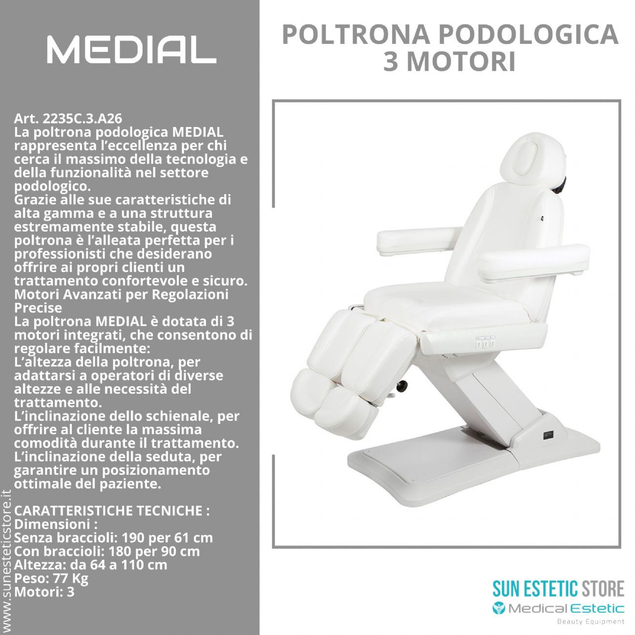 Medial poltrona per pedicure professionale a 3 motori bianca professionale