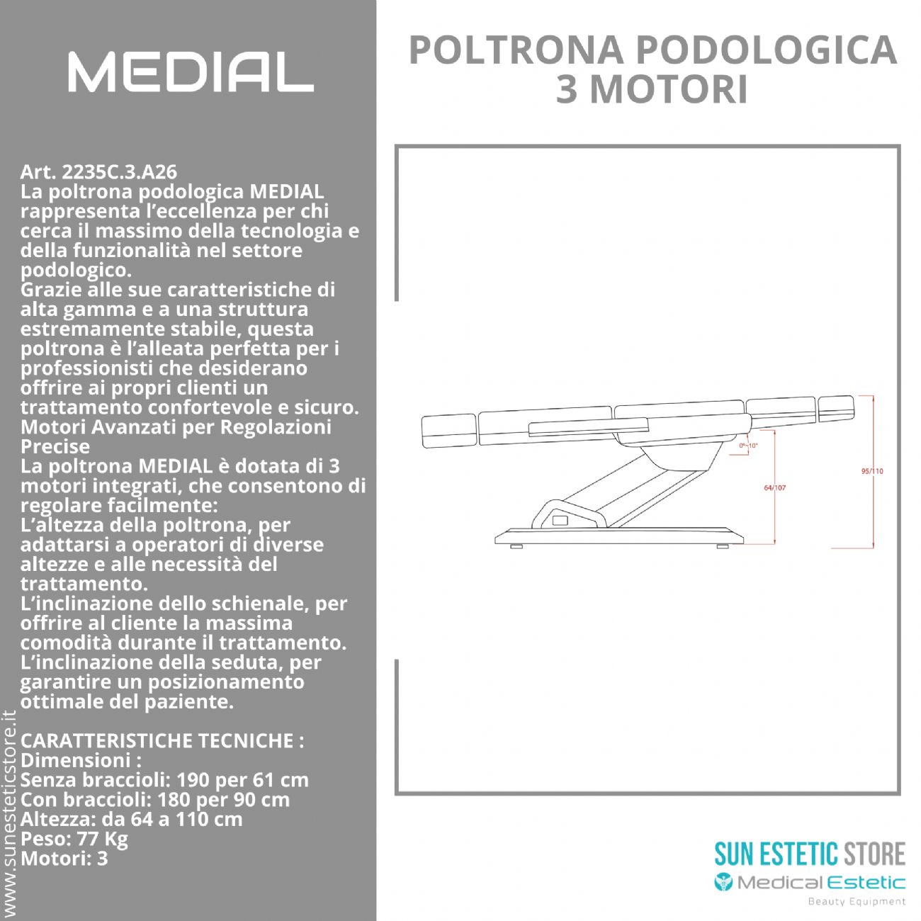 Medial poltrona per pedicure professionale a 3 motori bianca professionale