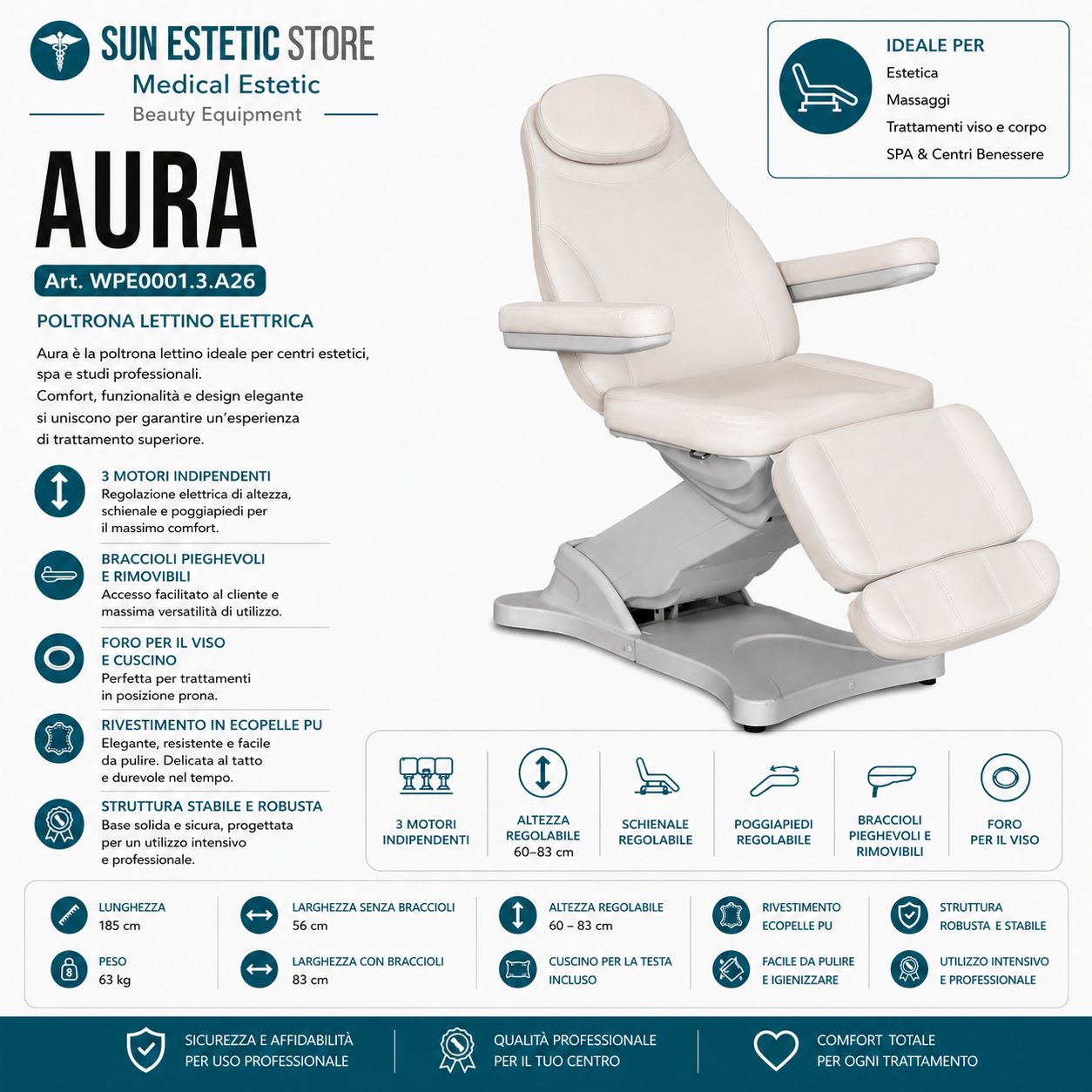 Aura poltrona lettino 3 motori per estetica