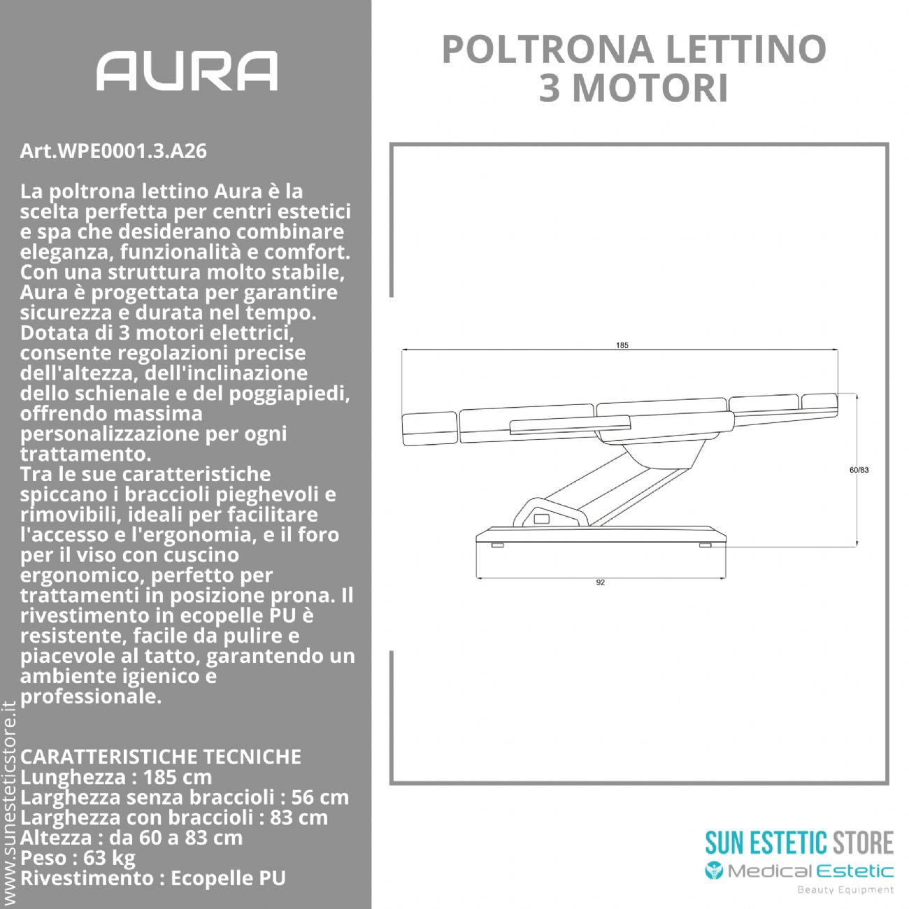 Aura poltrona lettino 3 motori per estetica