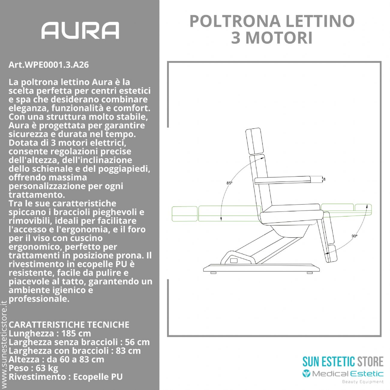 Aura poltrona lettino 3 motori per estetica