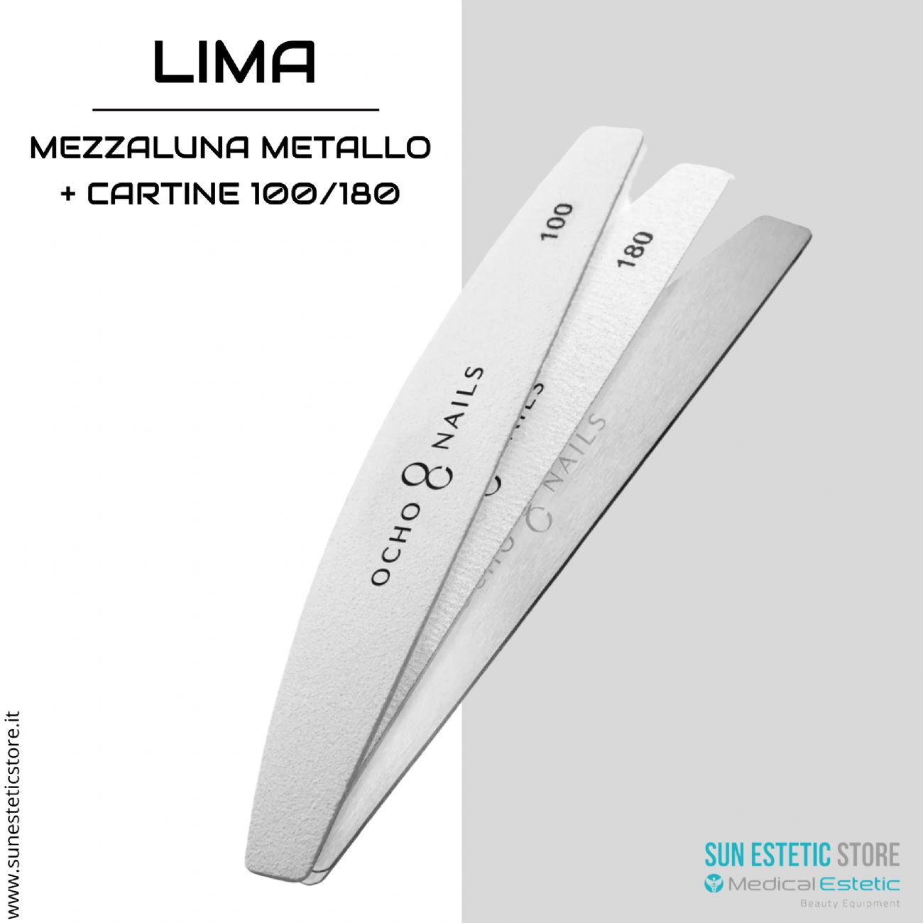 Lima a mezzaluna Ocho Nails anima in metallo + cartine 100/180 20 pz.