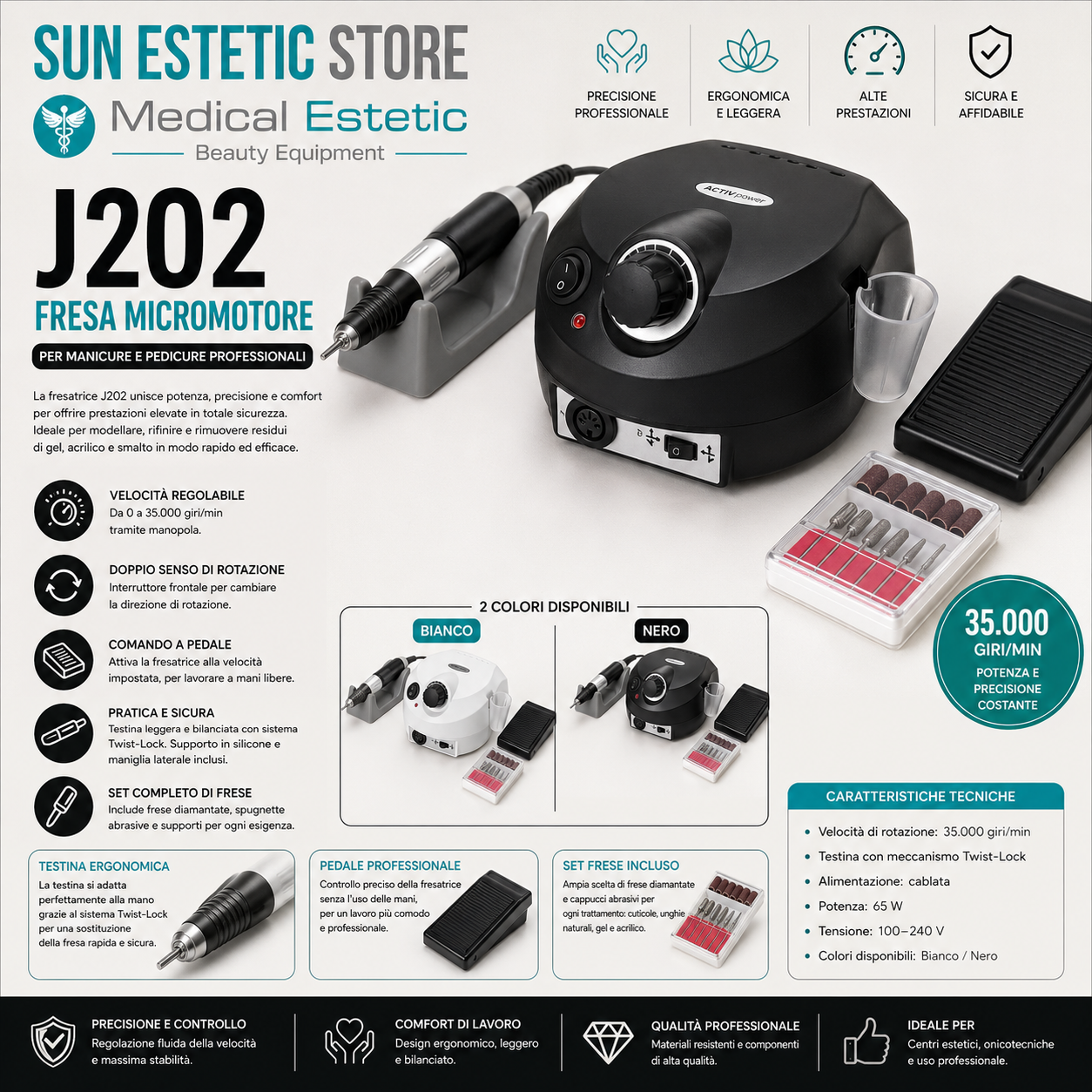 J202 Fresa micromotore per manicure pedicure 35000 giri