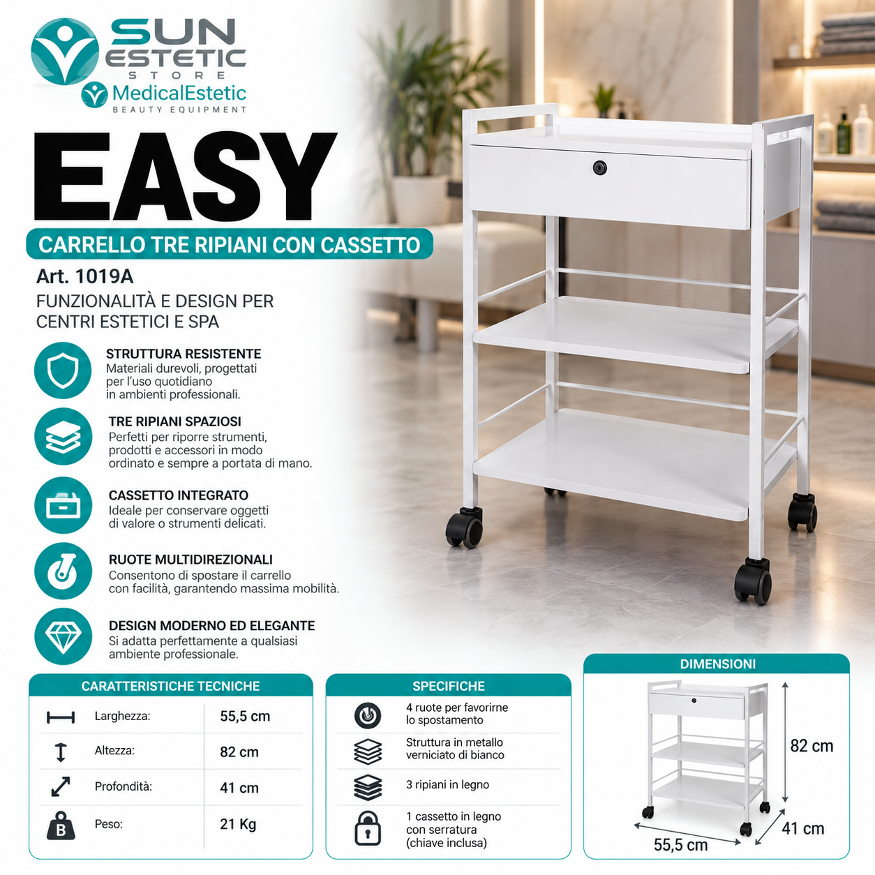 Easy carrello tre ripiani con cassetto serratura estetica studio medico ambulatorio