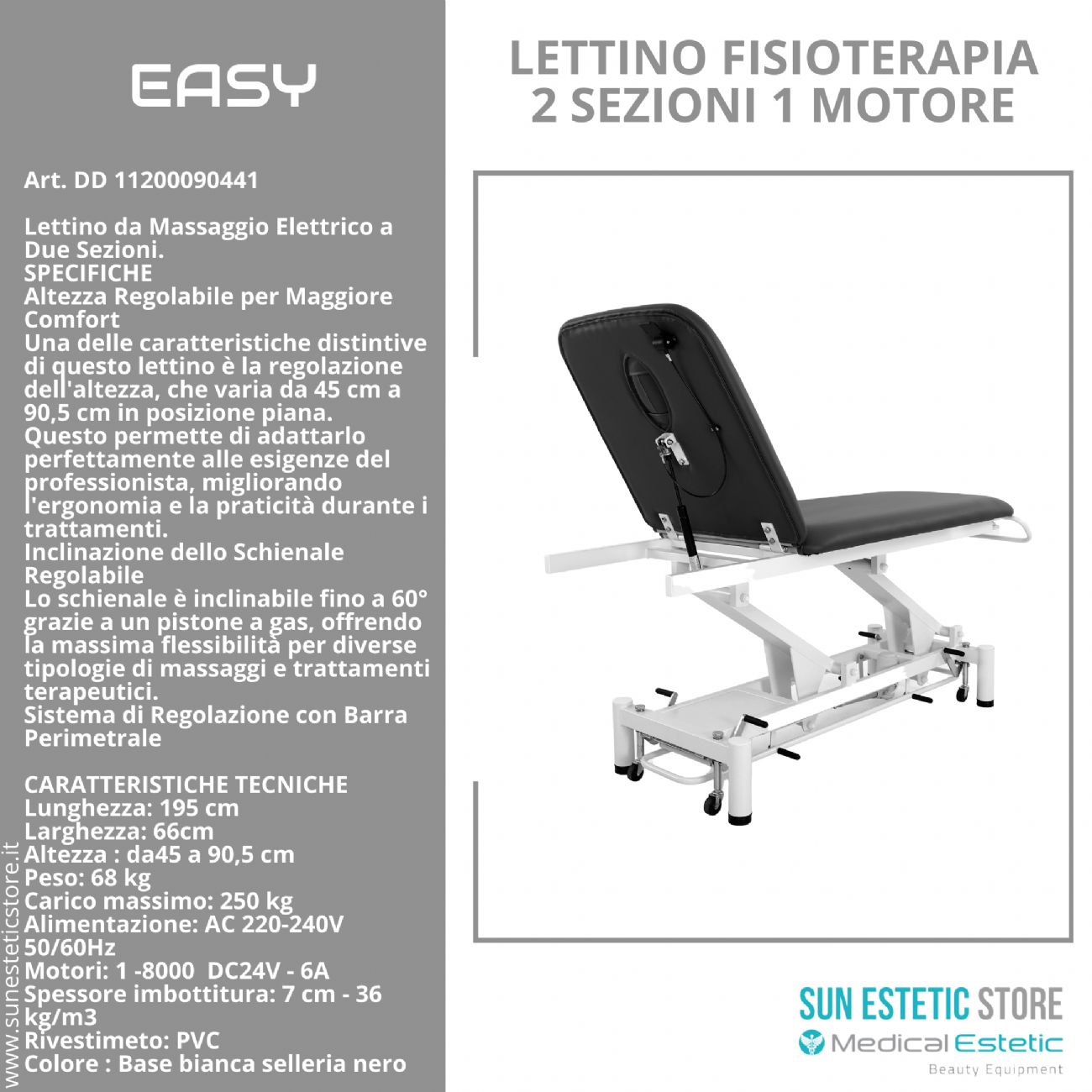 Easy lettino fisioterapia 2 sezioni 1 motore con comando perimetrale