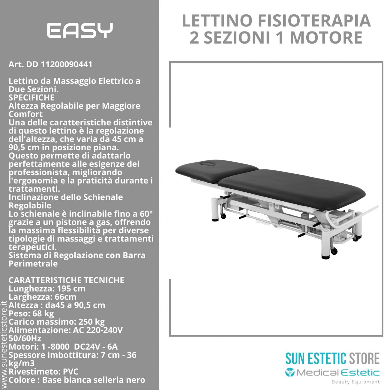 Easy lettino fisioterapia 2 sezioni 1 motore con comando perimetrale