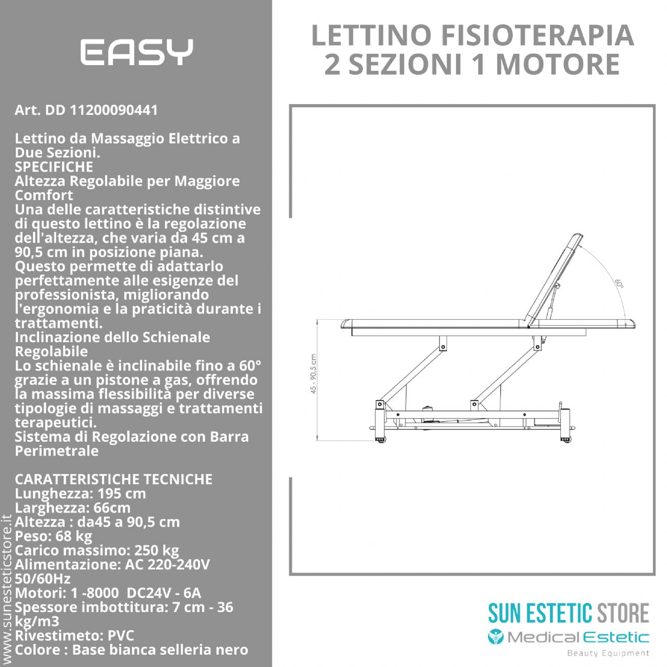 Easy lettino fisioterapia 2 sezioni 1 motore con comando perimetrale