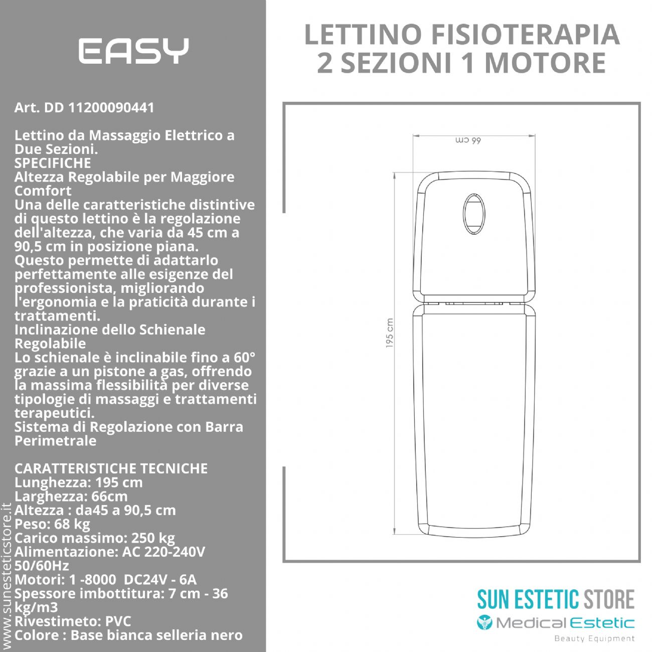 Easy lettino fisioterapia 2 sezioni 1 motore con comando perimetrale