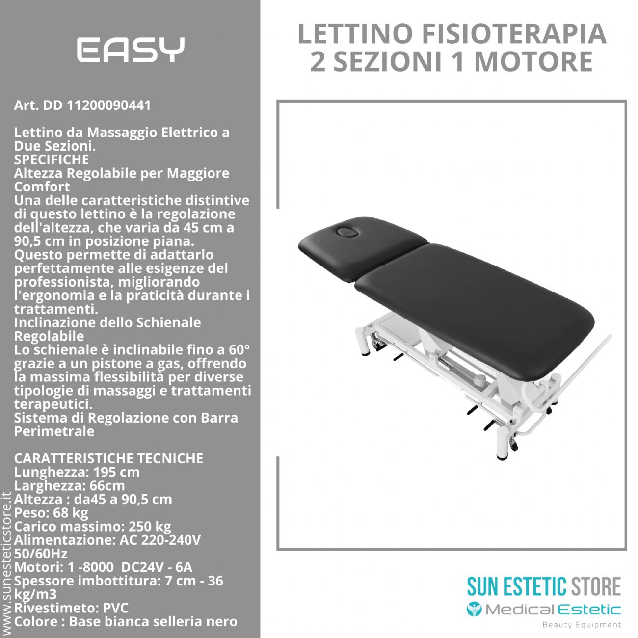 Easy lettino fisioterapia 2 sezioni 1 motore con comando perimetrale