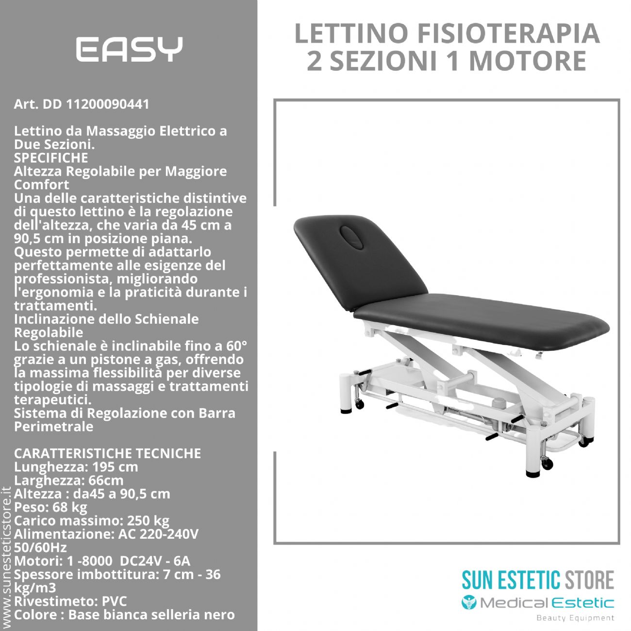 Easy lettino fisioterapia 2 sezioni 1 motore con comando perimetrale