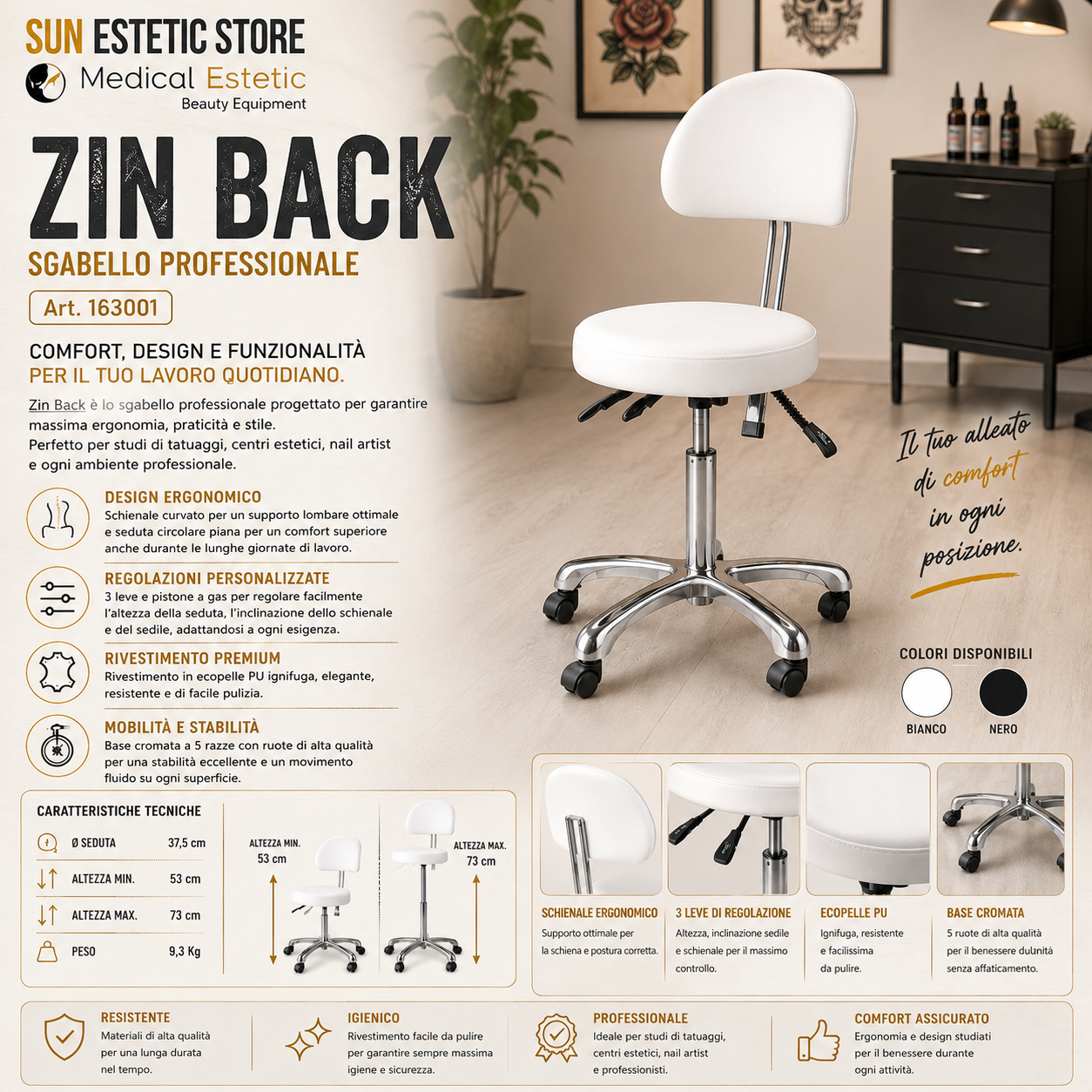 Zin Back sgabello con schienale multiuregolabile ergonomico bianco base cromata