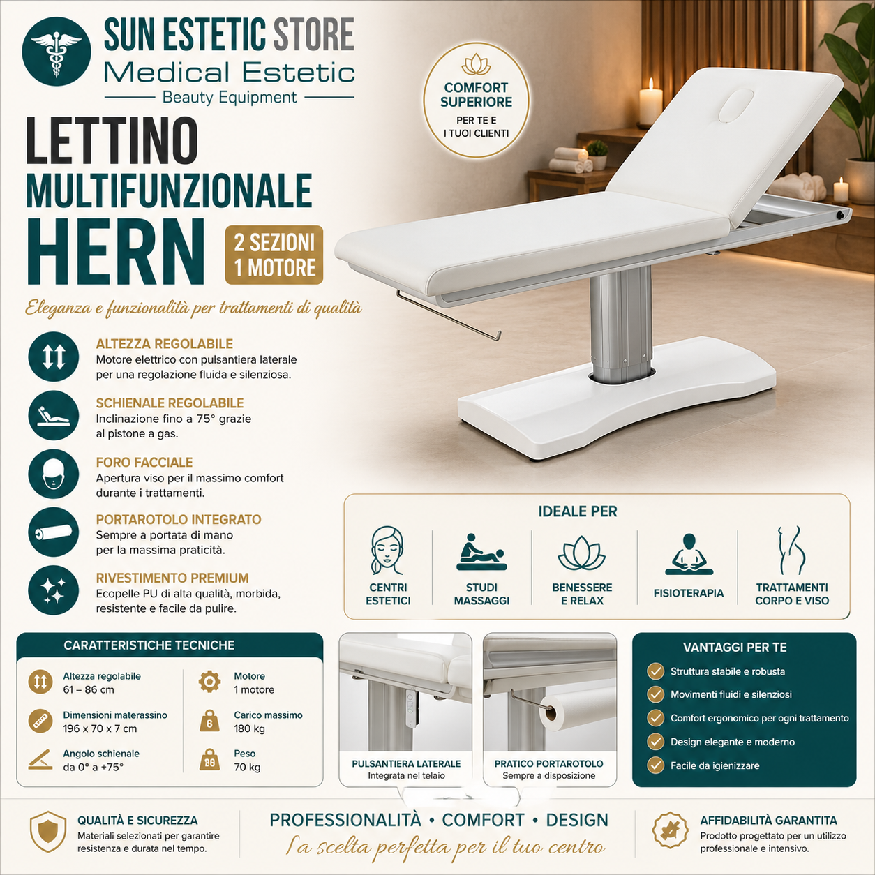 Hern lettino massaggio 2 sezioni 1 motore estetista