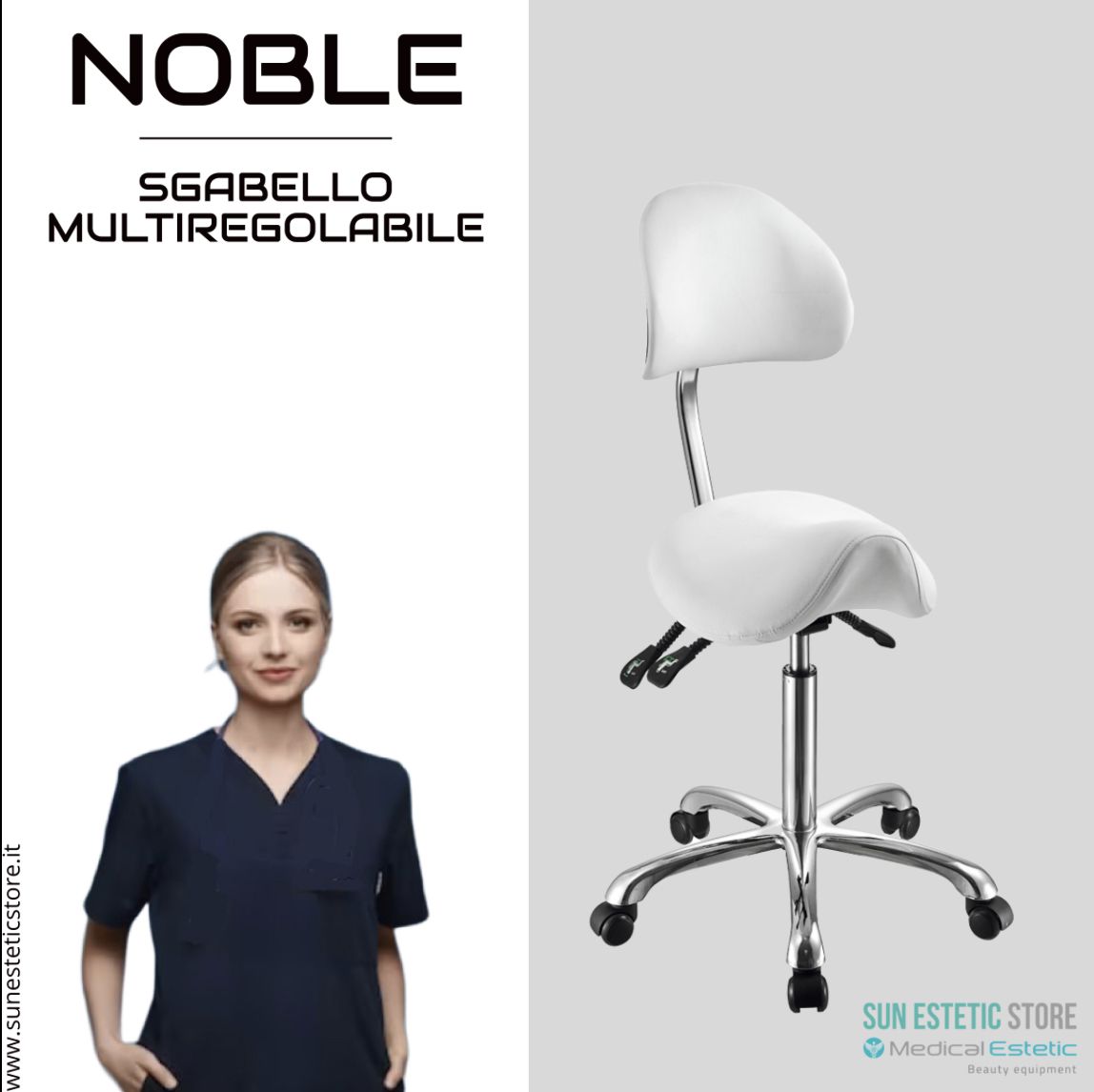 Noble sgabello sagomato con schienale multiregolabile estetica medico podologo