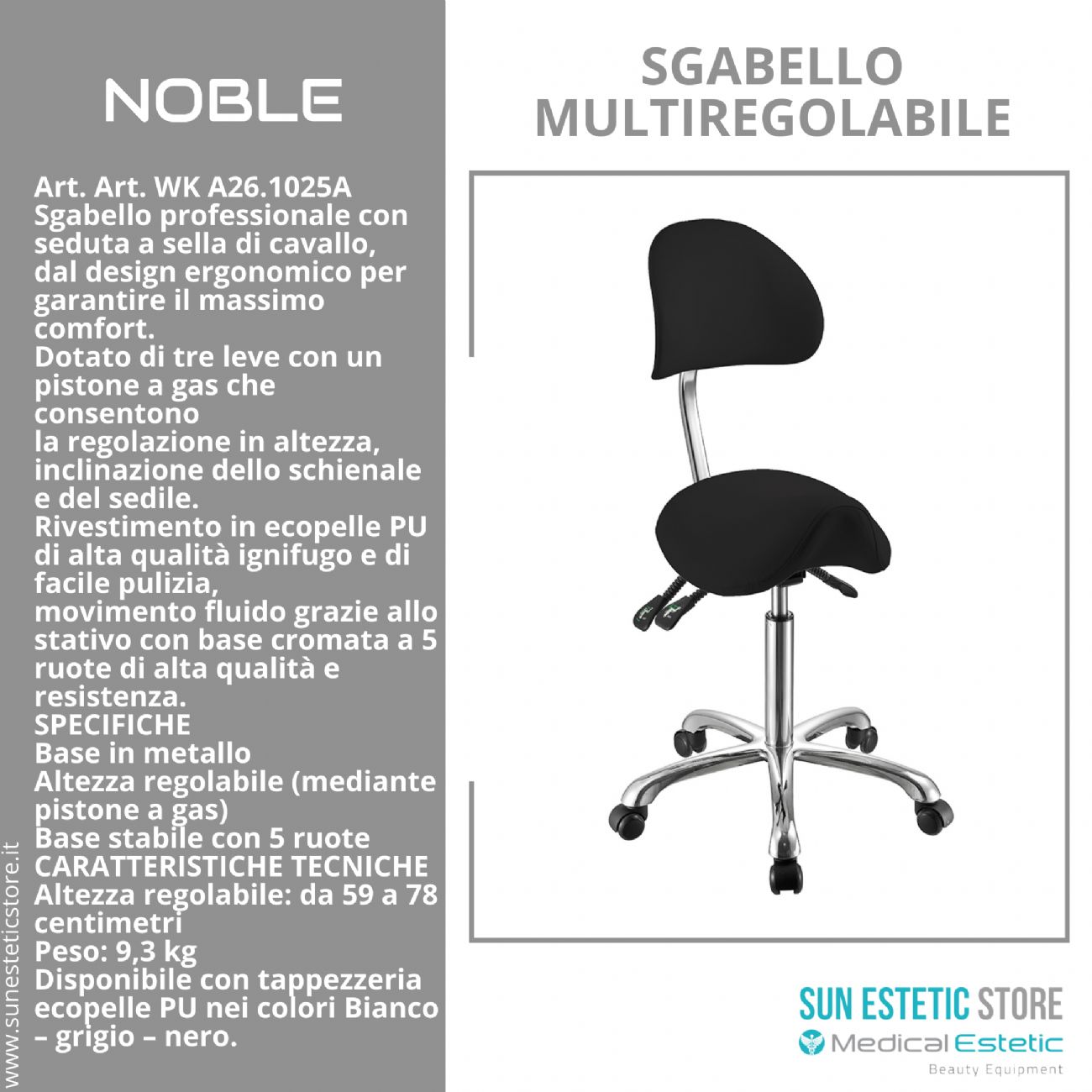 Noble sgabello sagomato con schienale multiregolabile estetica medico podologo