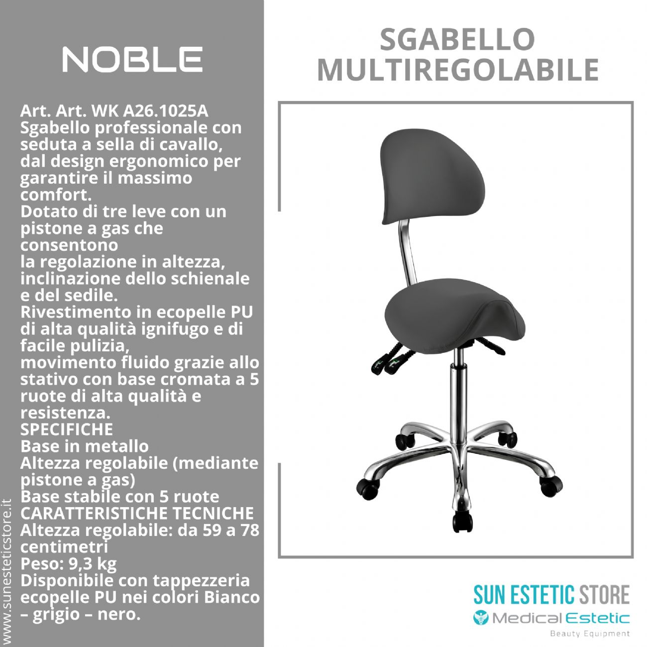 Noble sgabello sagomato con schienale multiregolabile estetica medico podologo