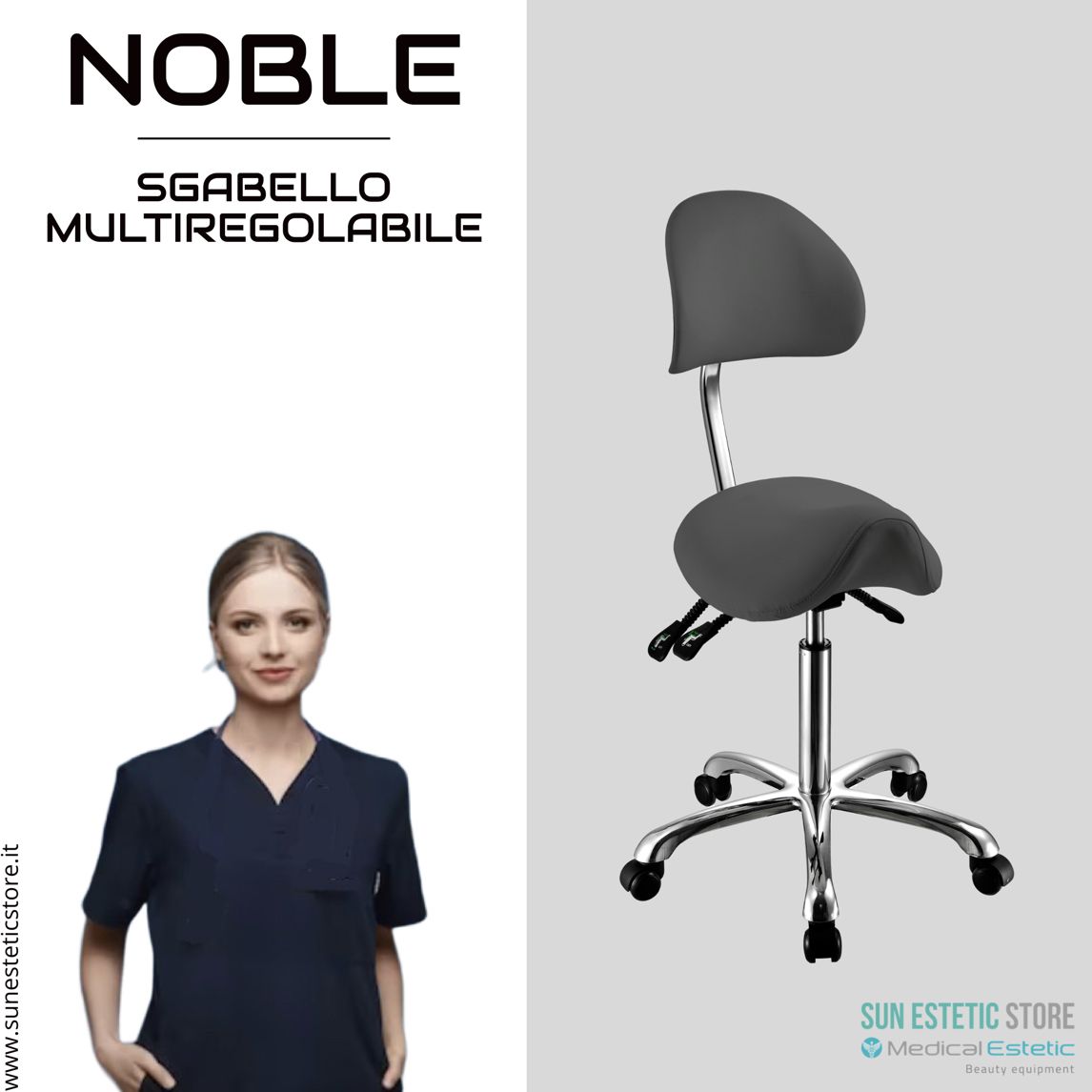 Noble sgabello sagomato con schienale multiregolabile estetica medico podologo