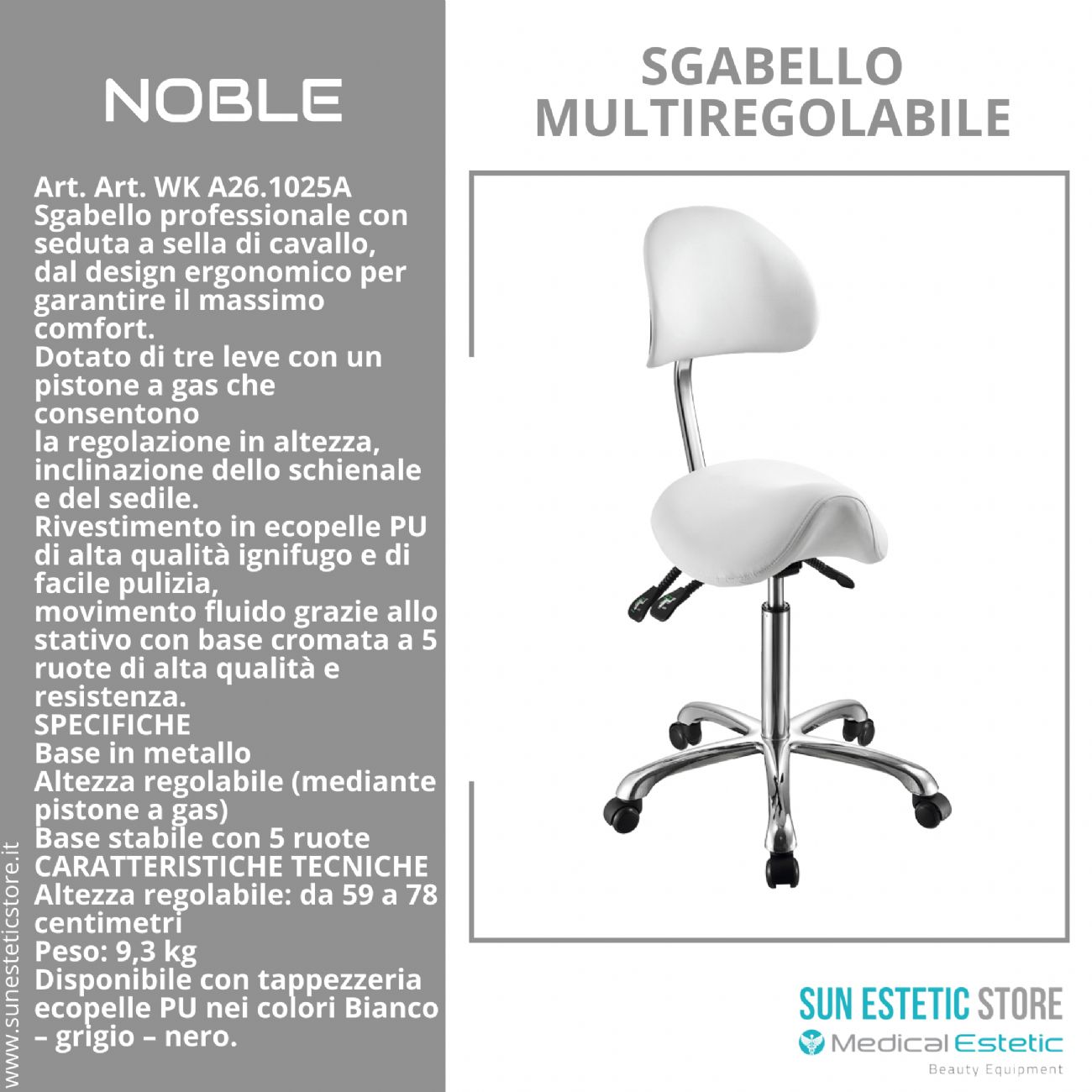 Noble sgabello sagomato con schienale multiregolabile estetica medico podologo