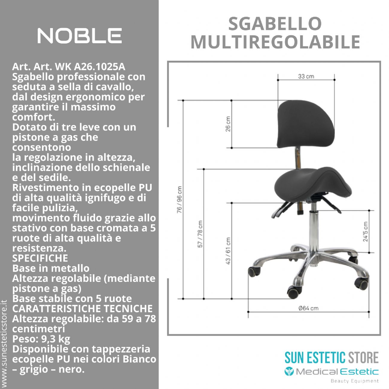 Noble sgabello sagomato con schienale multiregolabile estetica medico podologo