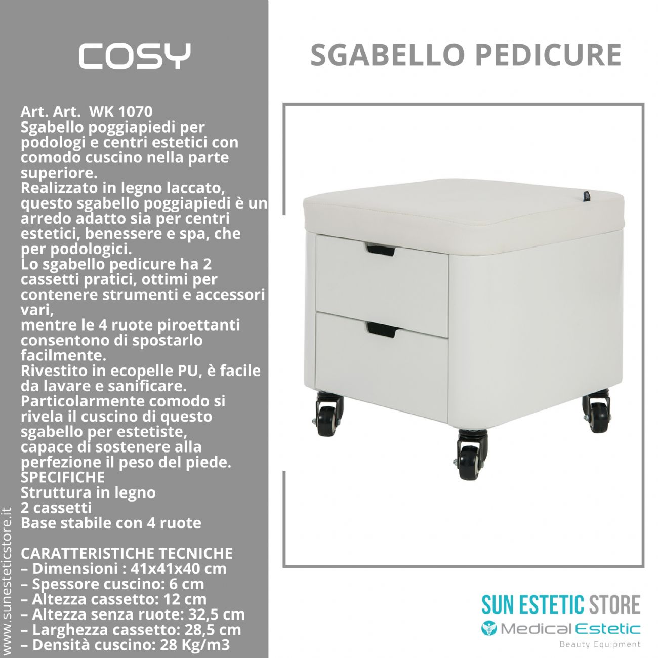 Cosy sgabello pedicure con due cassetti porta oggetti estetica nails