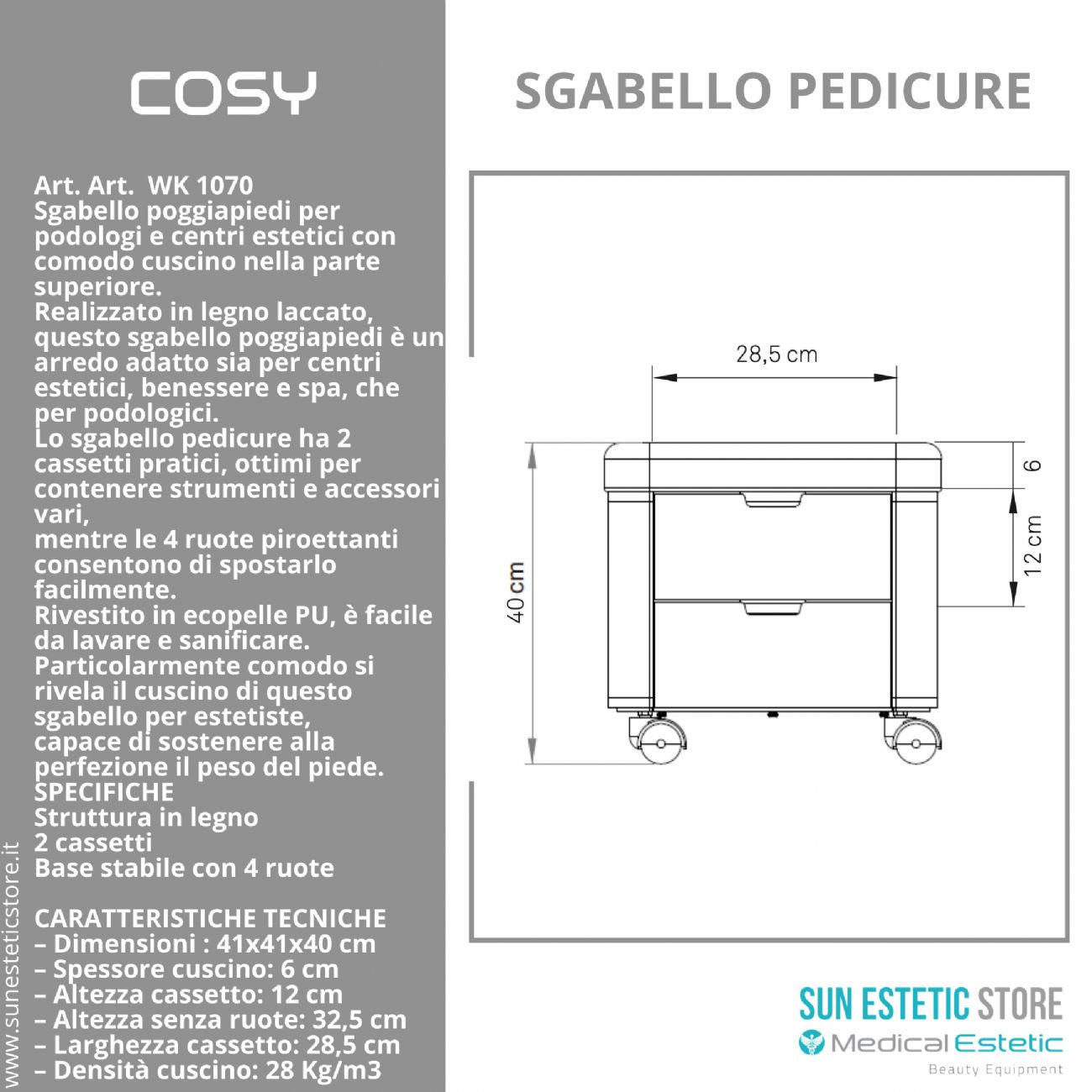 Cosy sgabello pedicure con due cassetti porta oggetti estetica nails