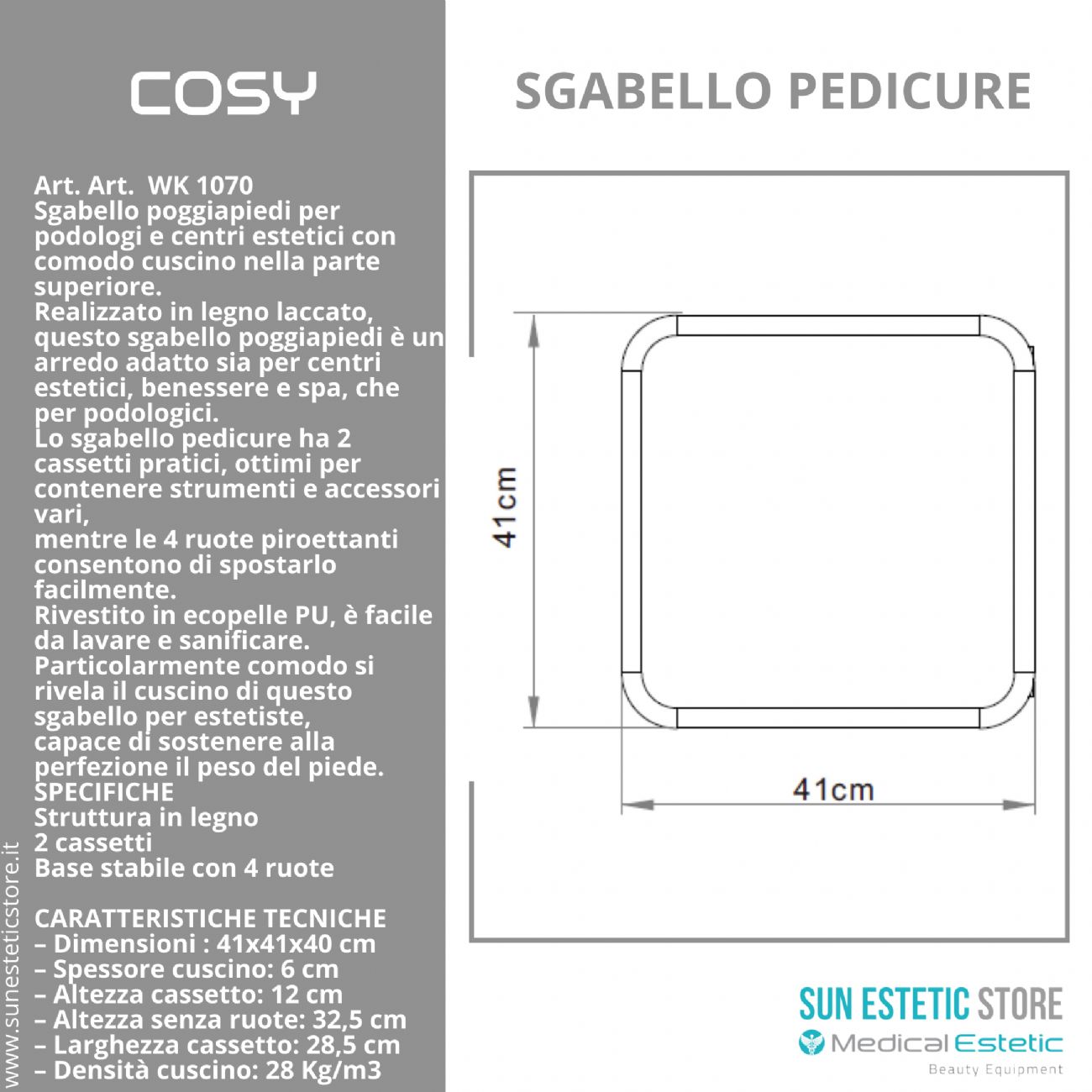 Cosy sgabello pedicure con due cassetti porta oggetti estetica nails