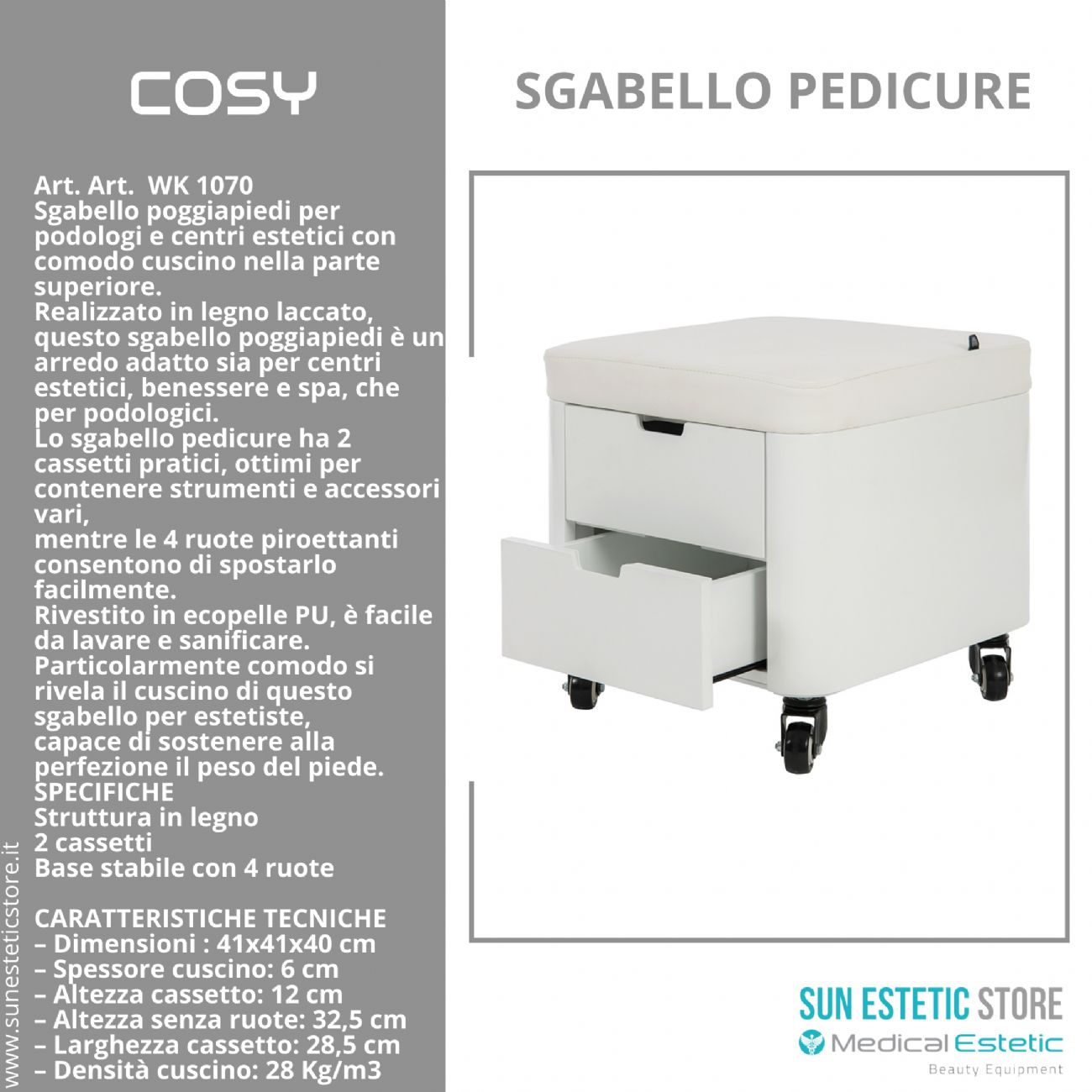 Cosy sgabello pedicure con due cassetti porta oggetti estetica nails