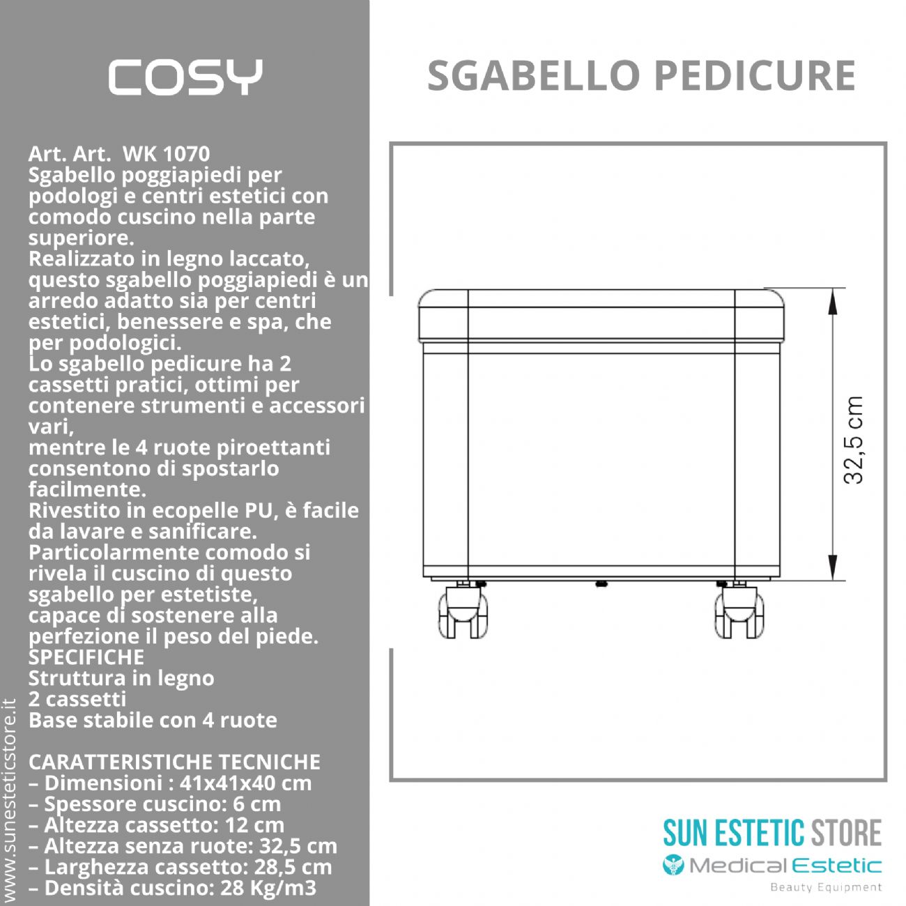 Cosy sgabello pedicure con due cassetti porta oggetti estetica nails