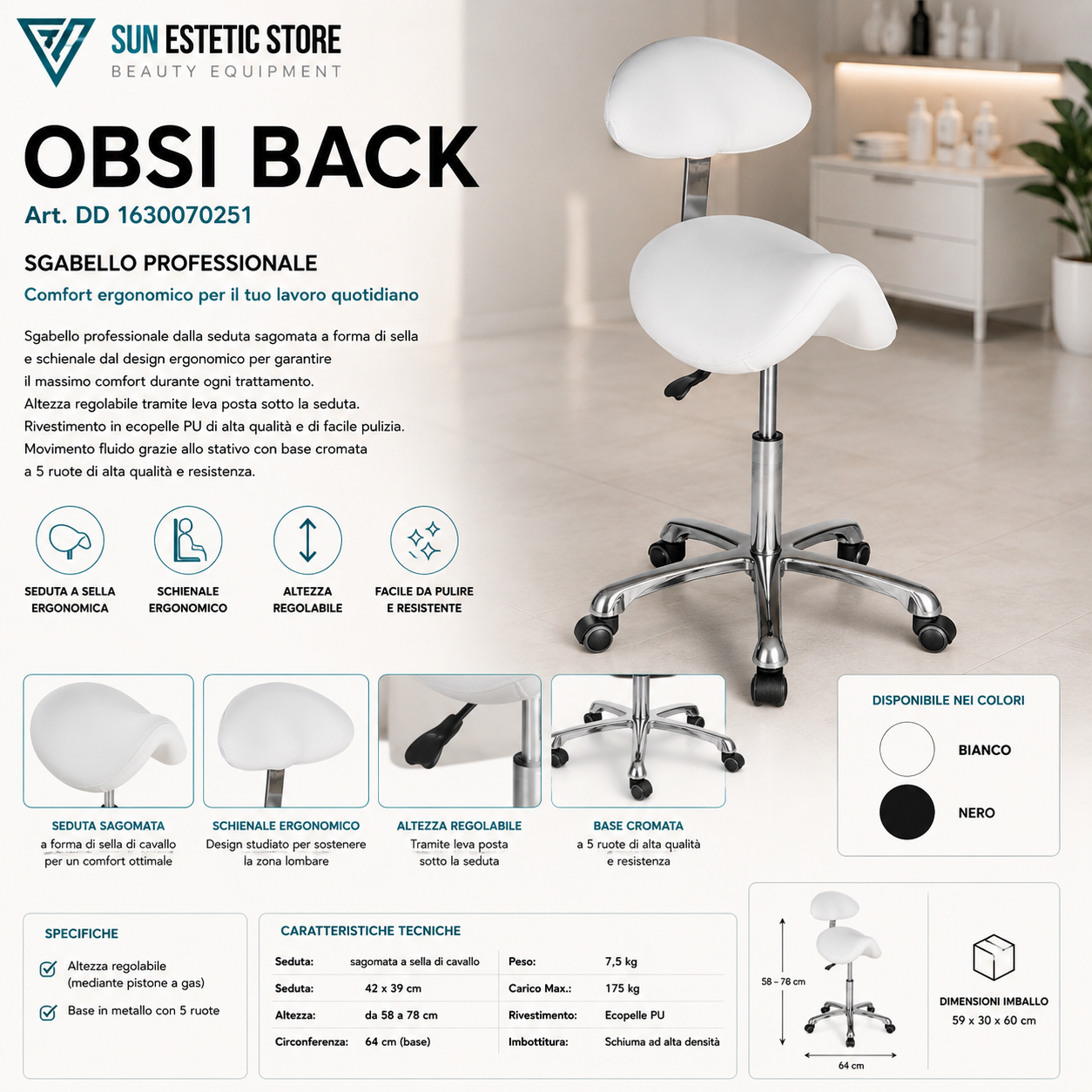 Organic + sgabello design elegante ergonomico professionale per estetica