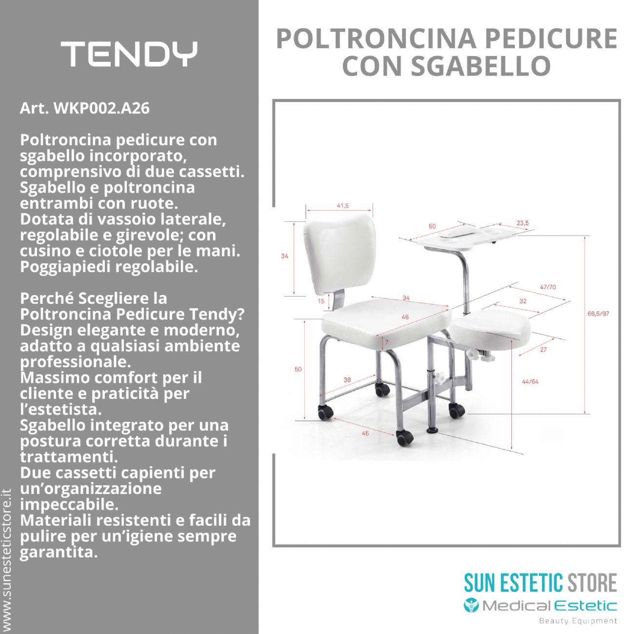 Tendy poltroncina pedicure manicure con tavolino e 2 pratici cassetti