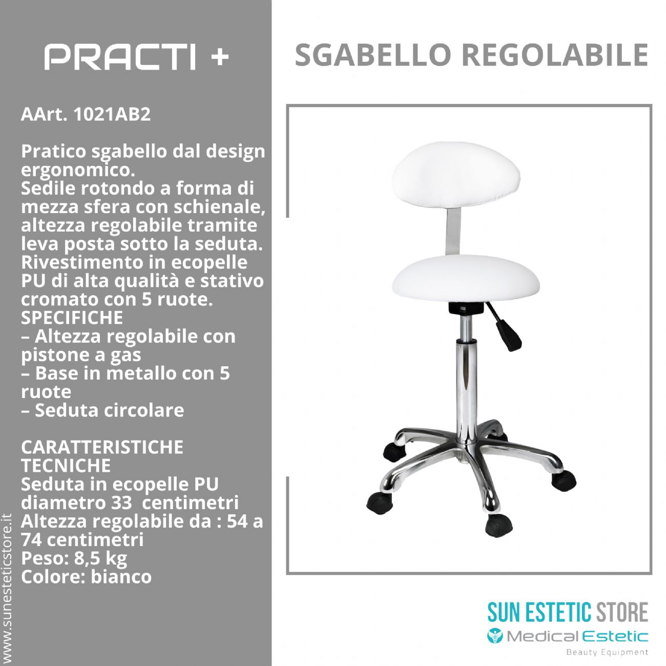 Practi + sgabello con schienale bianco regolabile